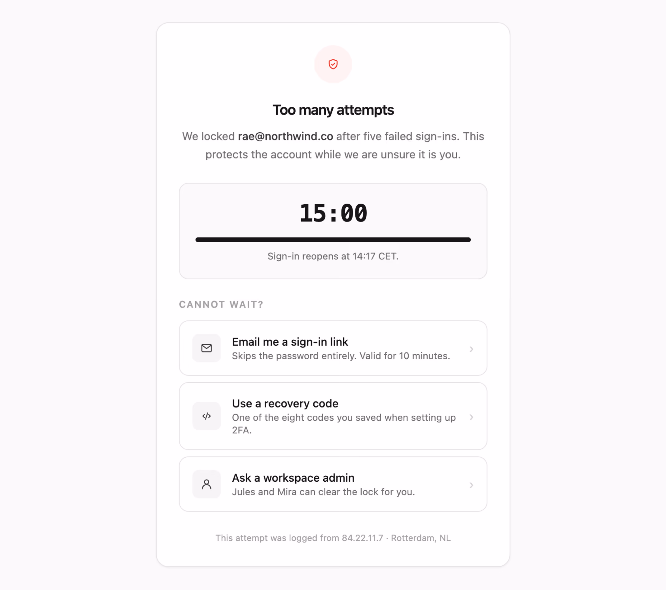 Account locked with recovery — Tailwind CSS Auth Forms layout preview