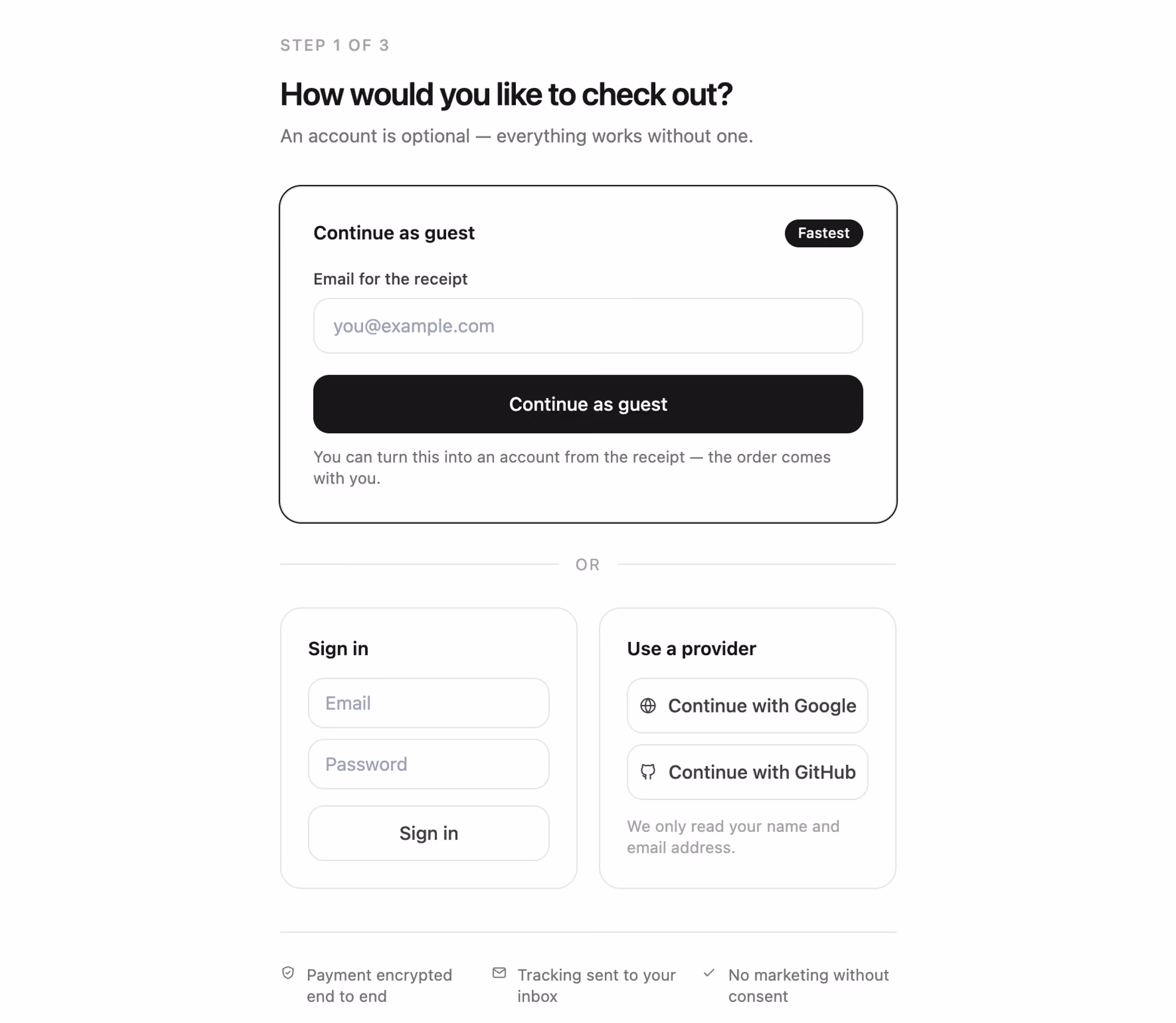 Guest or account checkout gate — Tailwind CSS Auth Forms layout preview