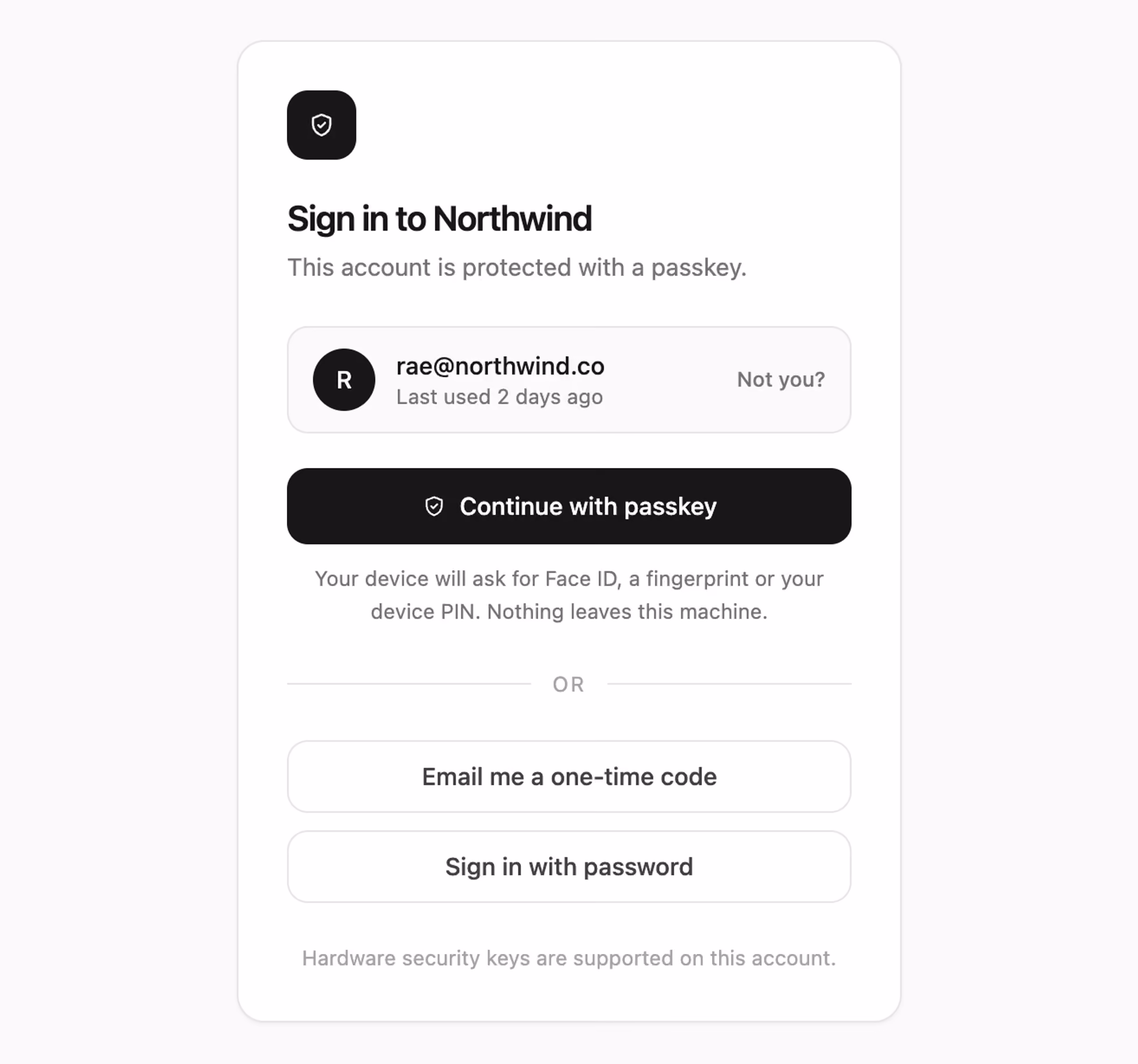 Passkey sign-in with fallback — Tailwind CSS Auth Forms layout preview