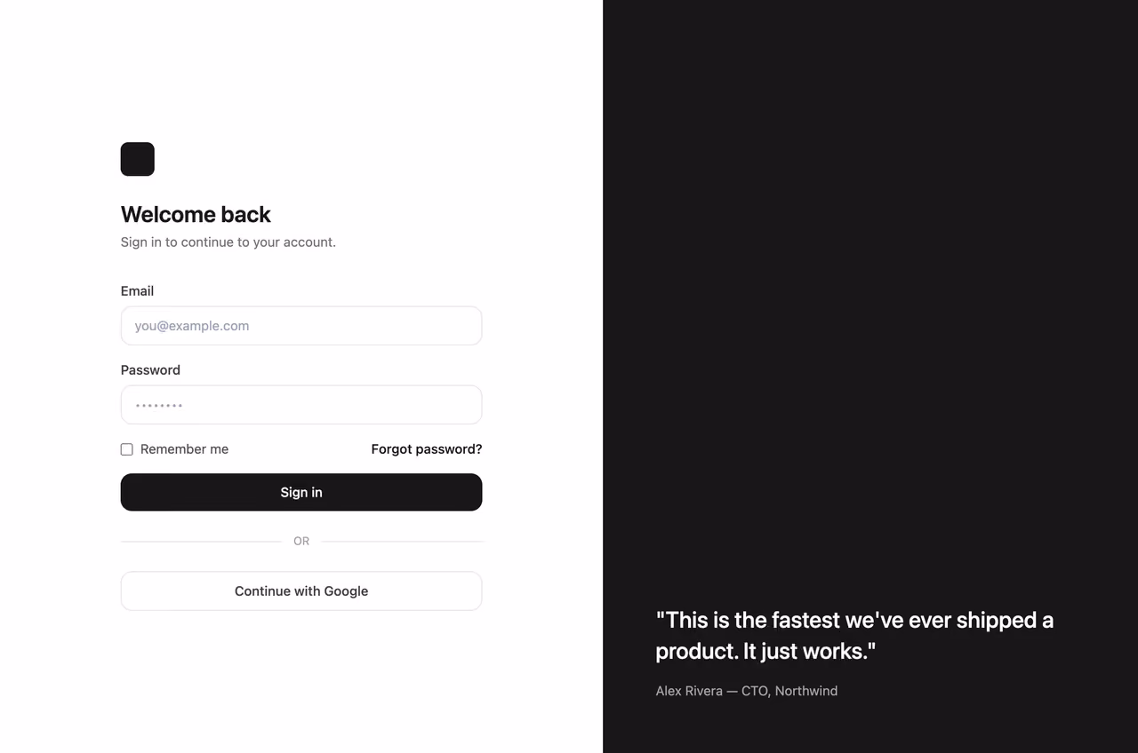 Split-screen with visual — Tailwind CSS Auth Forms layout preview