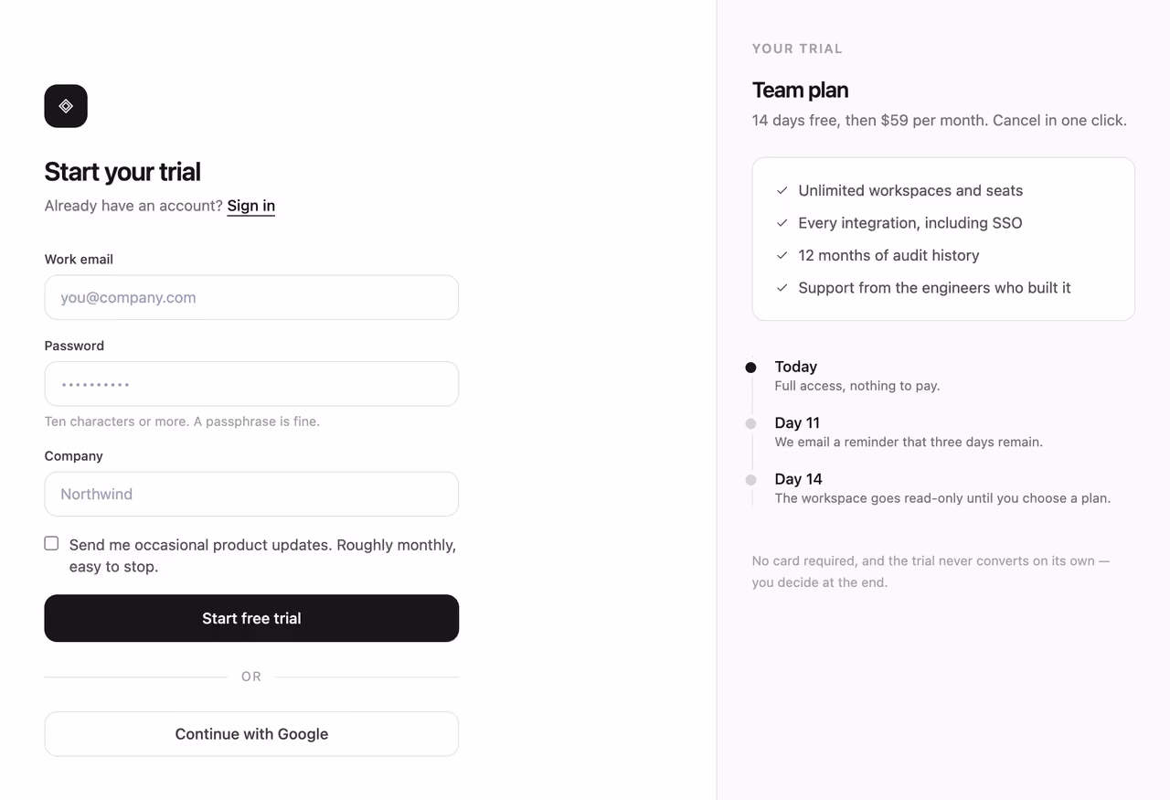 Trial signup with plan summary — Tailwind CSS Auth Forms layout preview