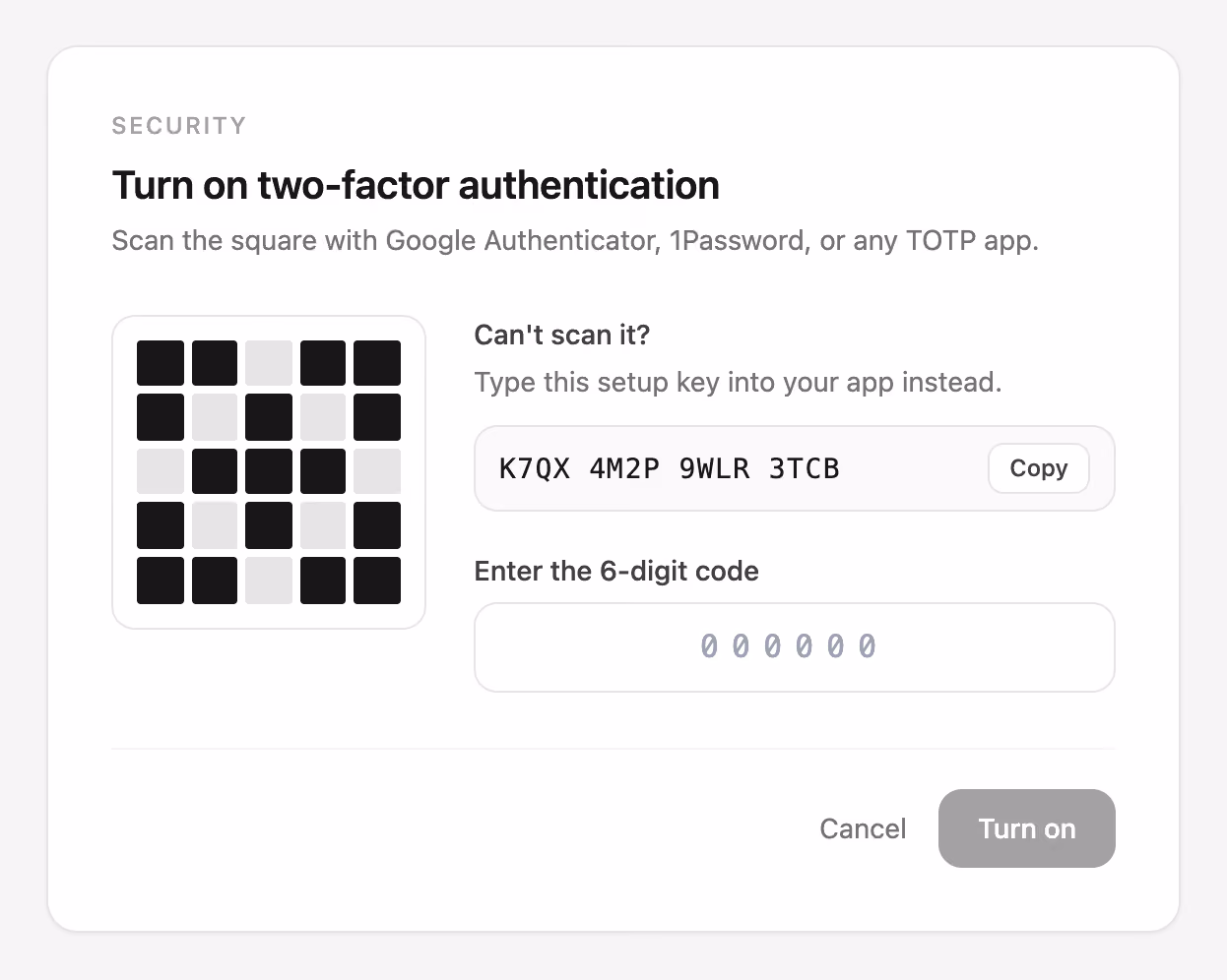 Two-factor setup with QR — Tailwind CSS Auth Forms layout preview