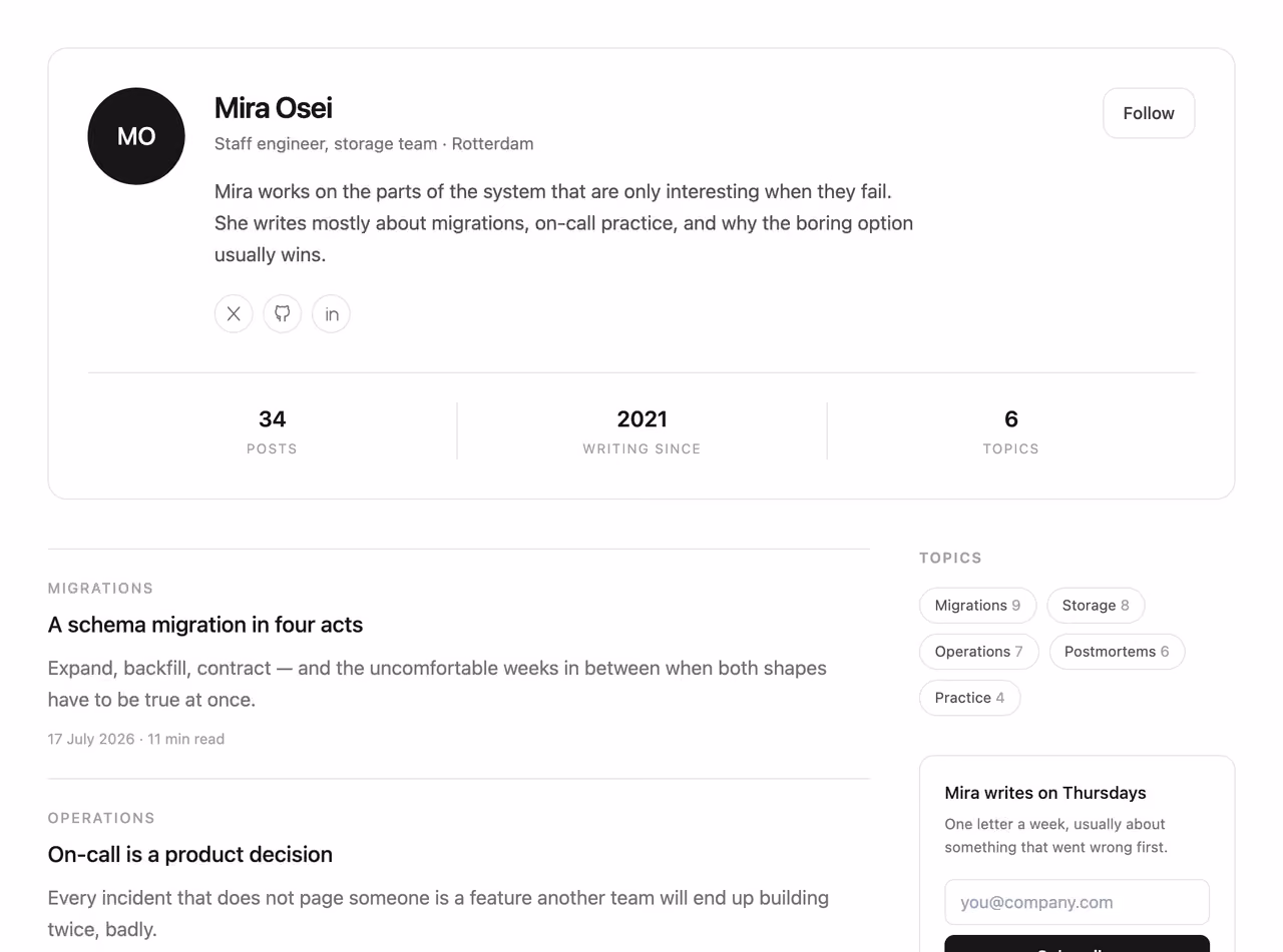 Author profile with posts — Tailwind CSS Blog / Content layout preview