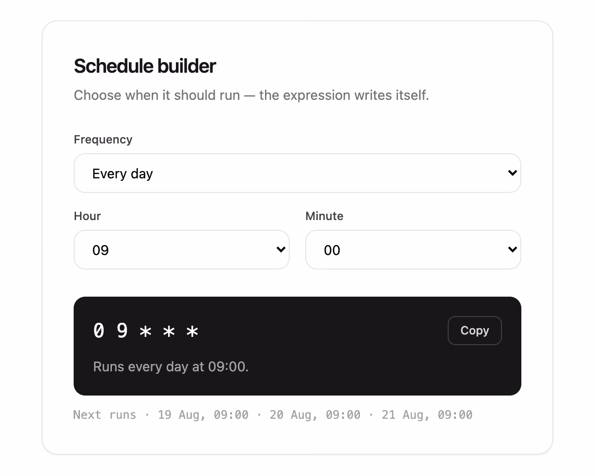 Cron schedule builder — Tailwind CSS Bonus layout preview