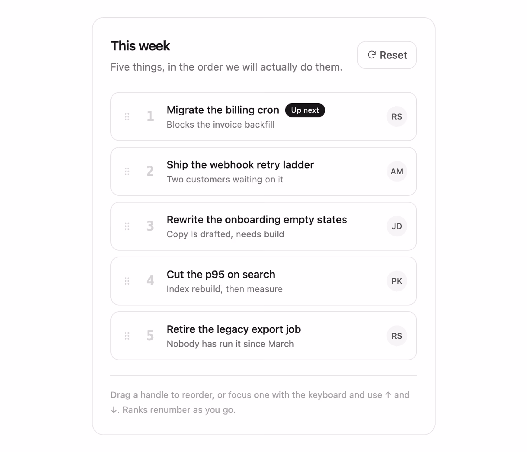 Drag-to-reorder priority stack — Tailwind CSS Bonus layout preview