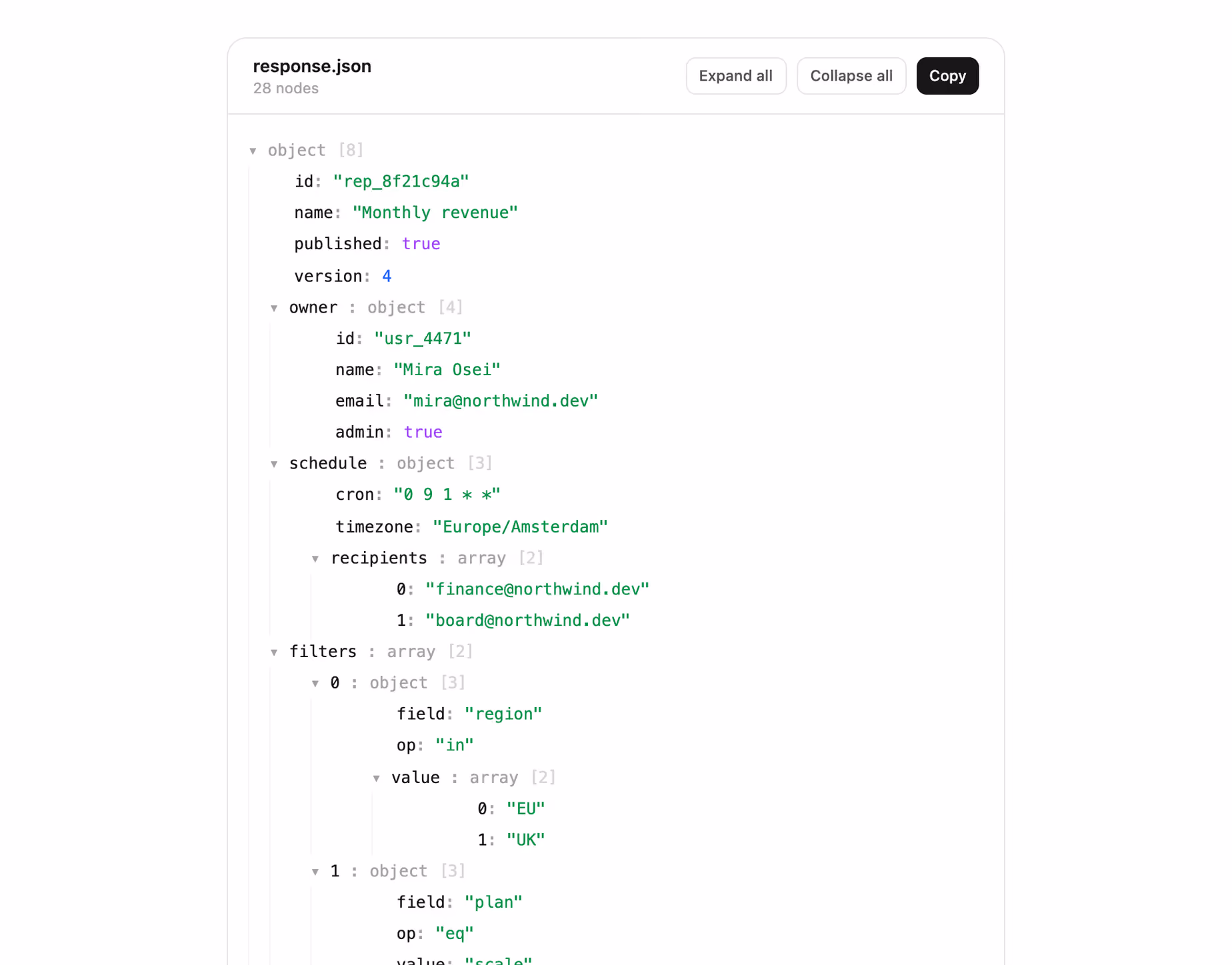 JSON tree viewer — Tailwind CSS Bonus layout preview