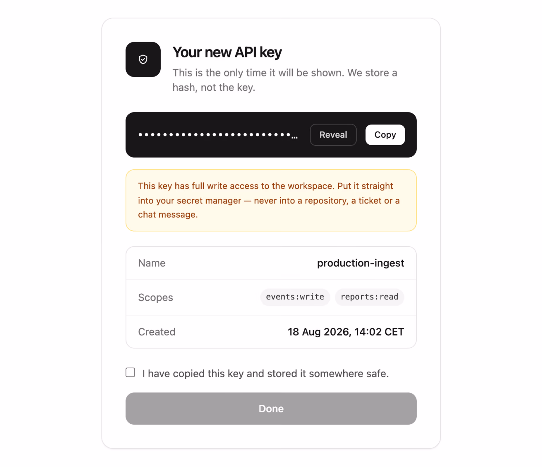 One-time API key reveal — Tailwind CSS Bonus layout preview