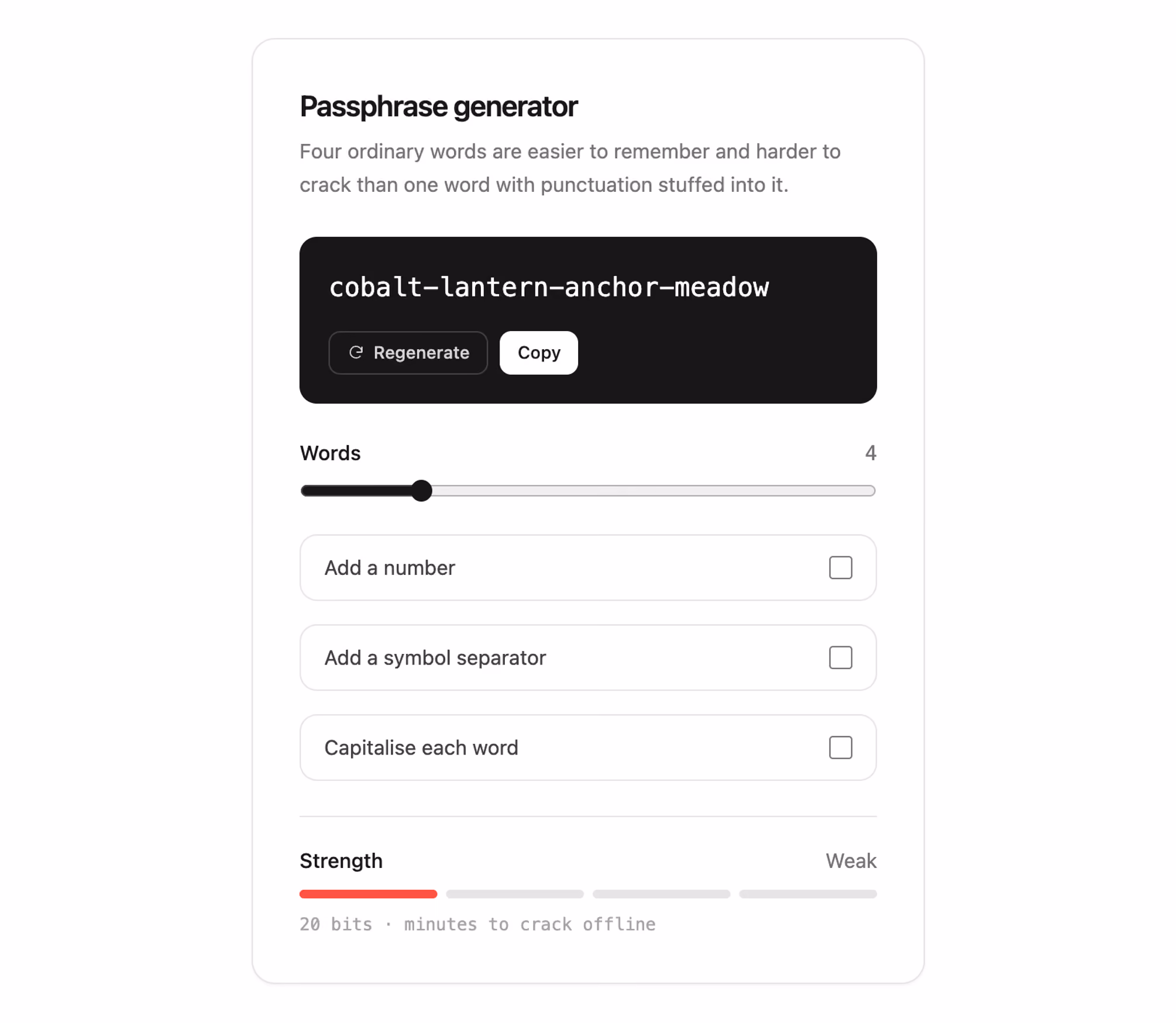 Passphrase generator — Tailwind CSS Bonus layout preview