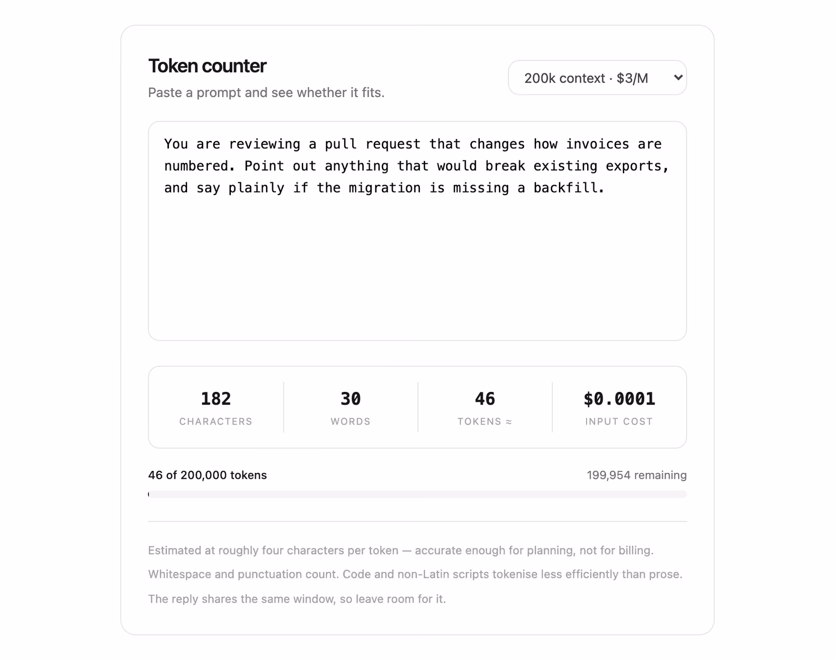 Prompt token counter — Tailwind CSS Bonus layout preview