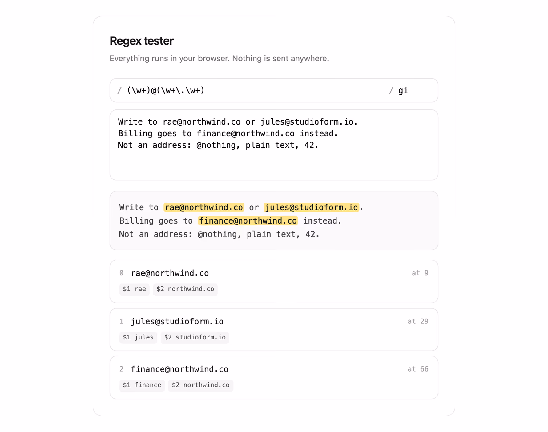 Regex tester — Tailwind CSS Bonus layout preview