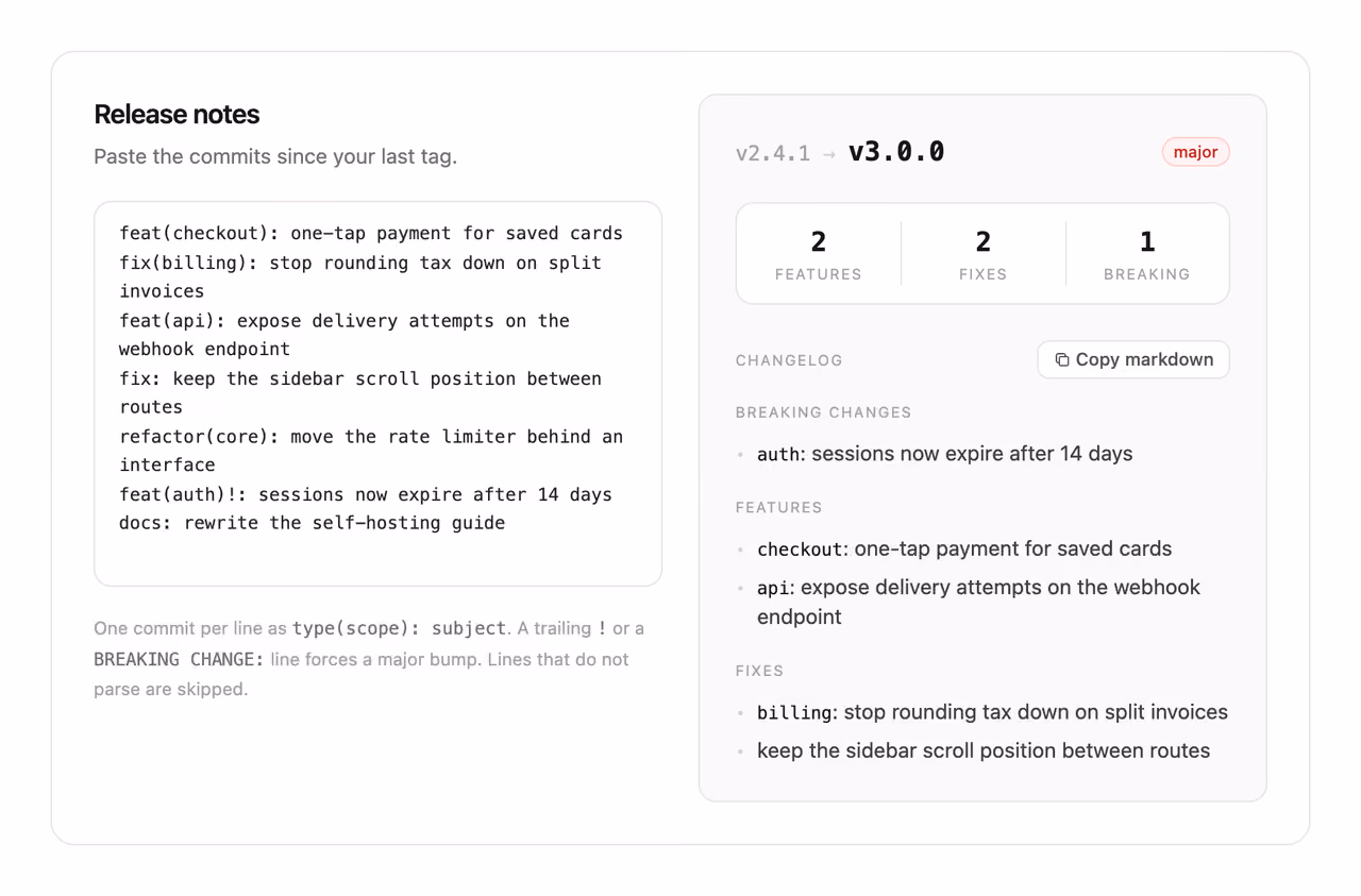 Release notes composer — Tailwind CSS Bonus layout preview
