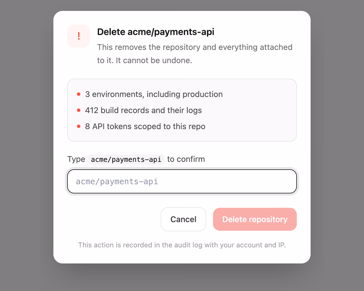 Type-to-confirm delete dialog — Tailwind CSS Bonus layout preview