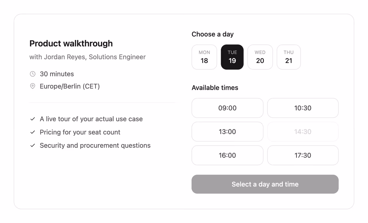 Demo booking with time slots — Tailwind CSS Contact layout preview