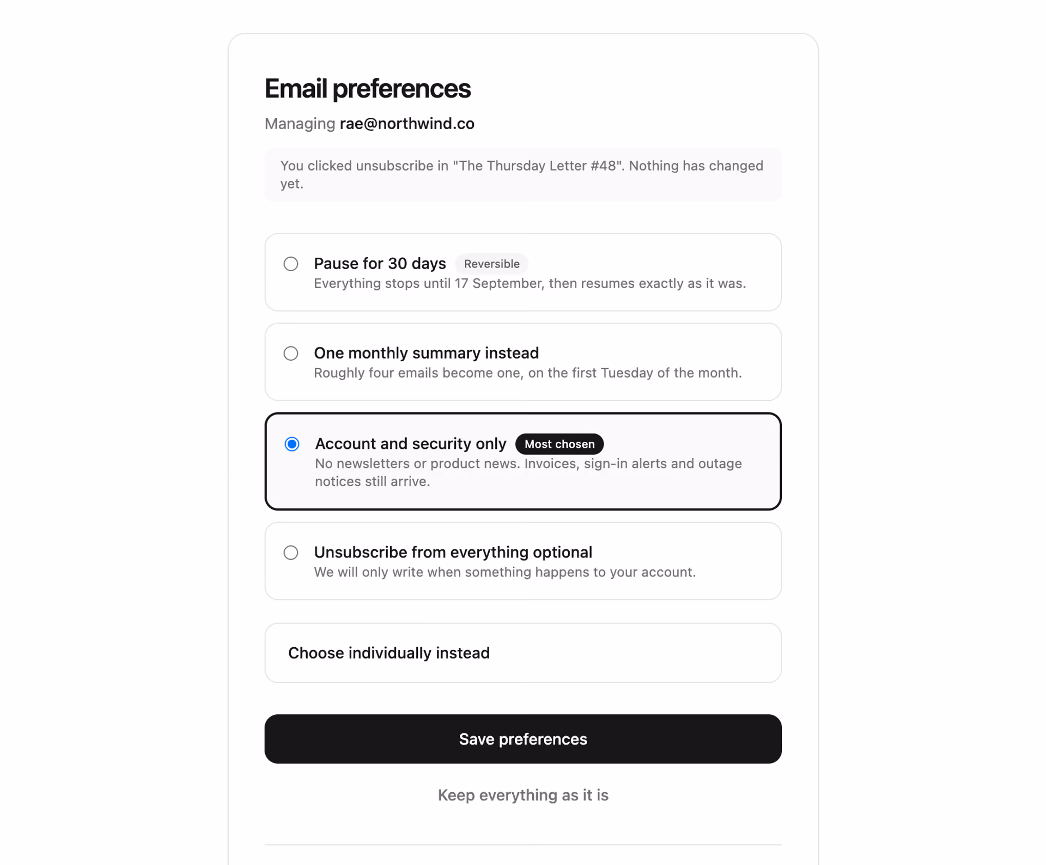 Email preferences page — Tailwind CSS Contact layout preview