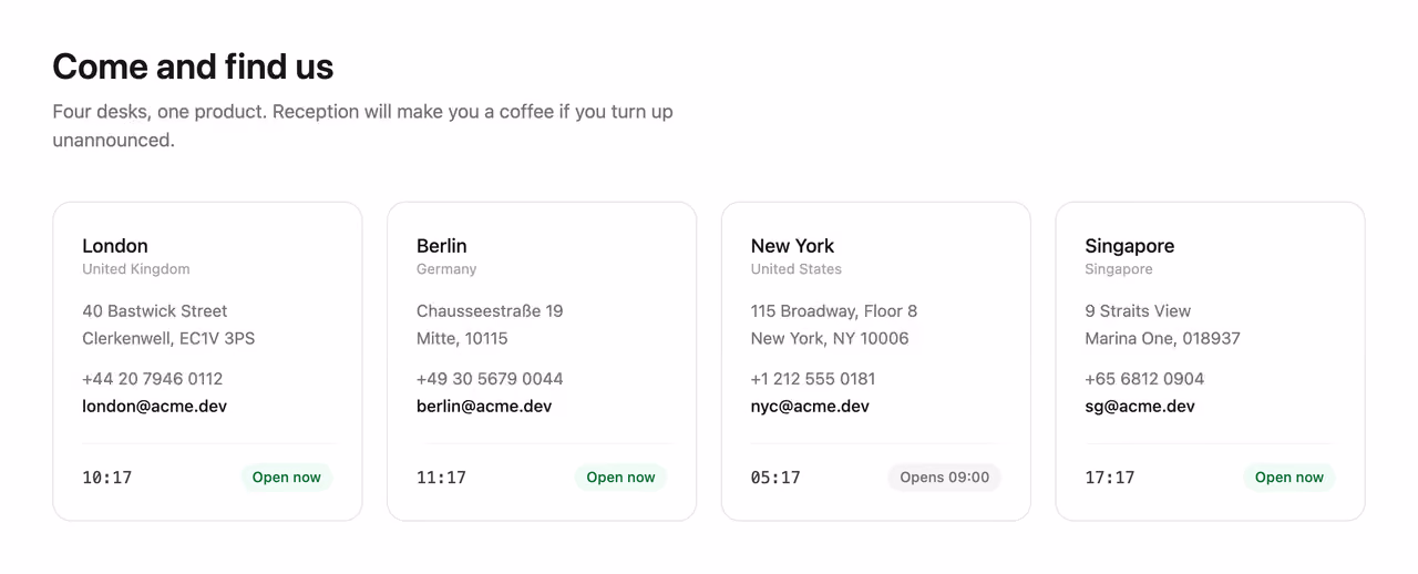 Offices with live local time — Tailwind CSS Contact layout preview