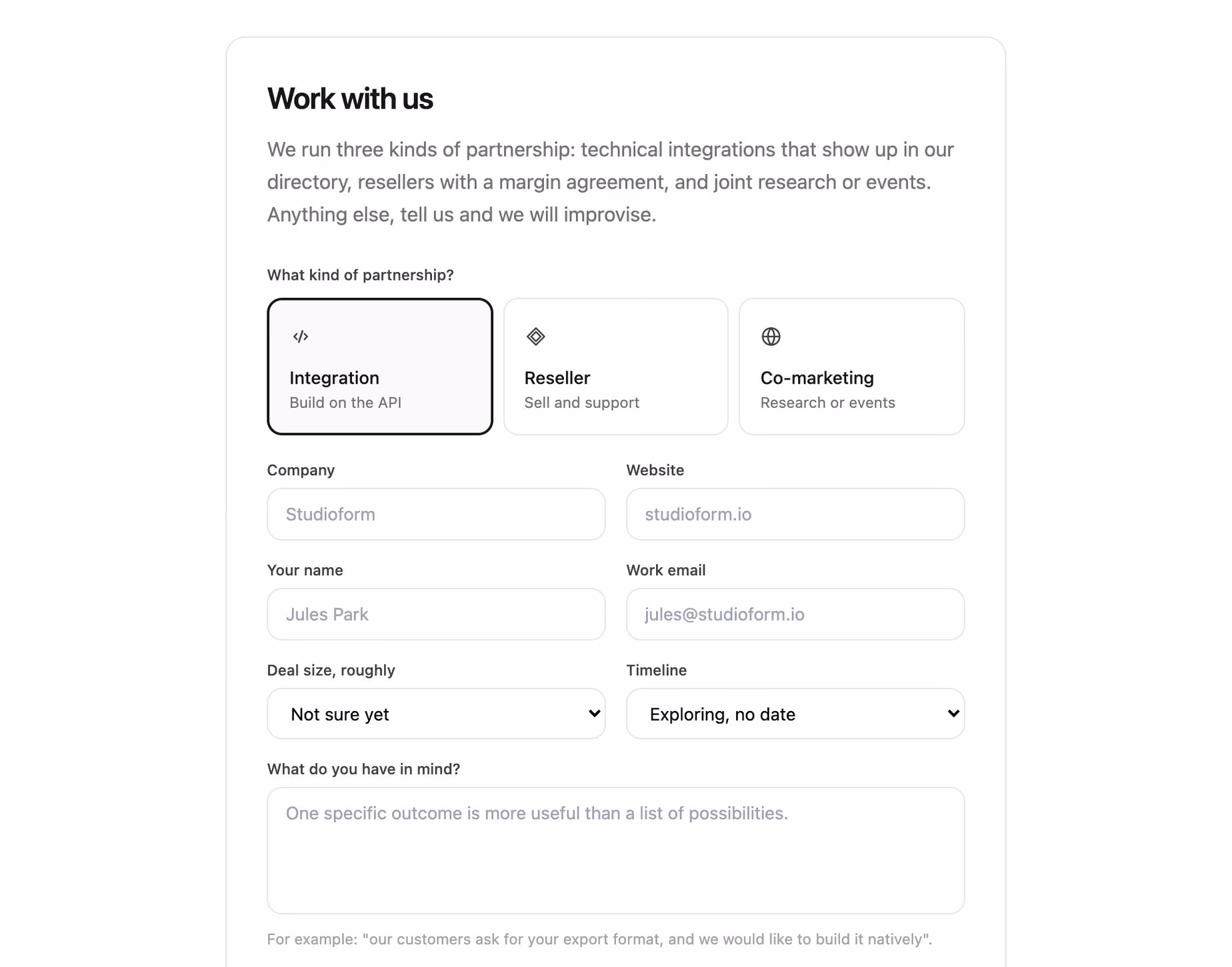 Partnership enquiry form — Tailwind CSS Contact layout preview