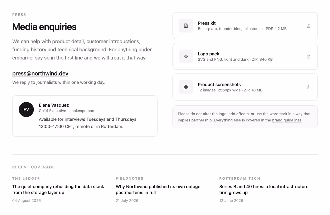 Press and media contact — Tailwind CSS Contact layout preview