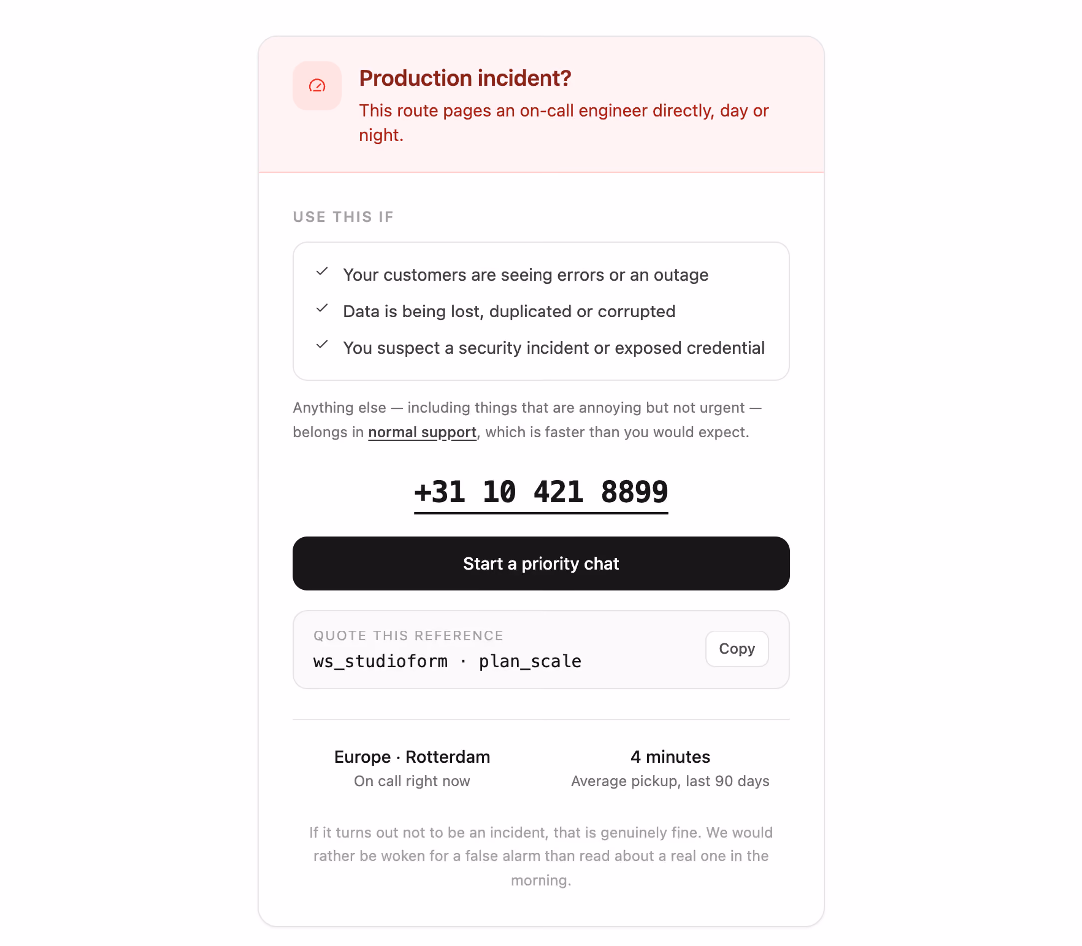 Priority escalation card — Tailwind CSS Contact layout preview