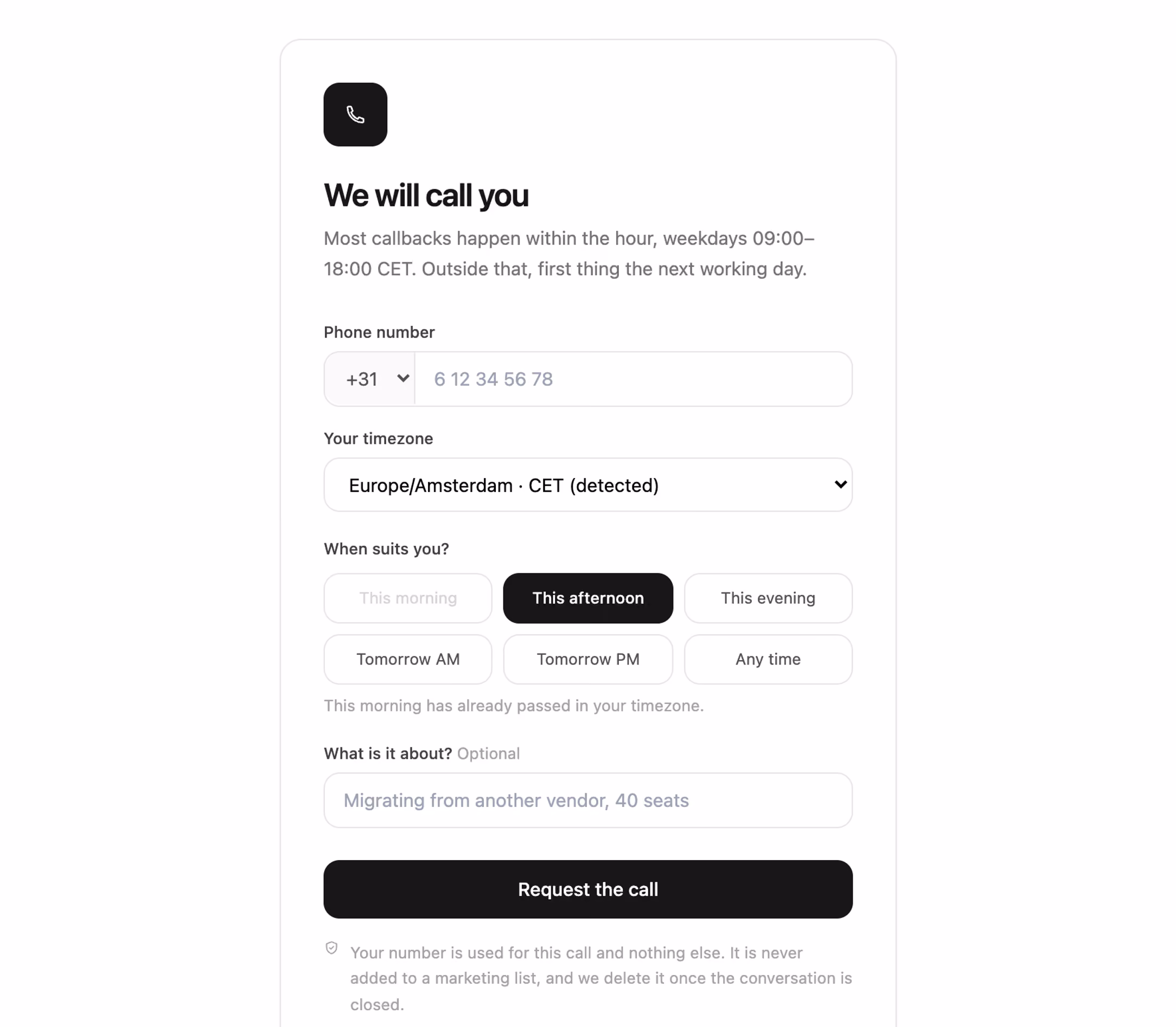 Request a callback card — Tailwind CSS Contact layout preview