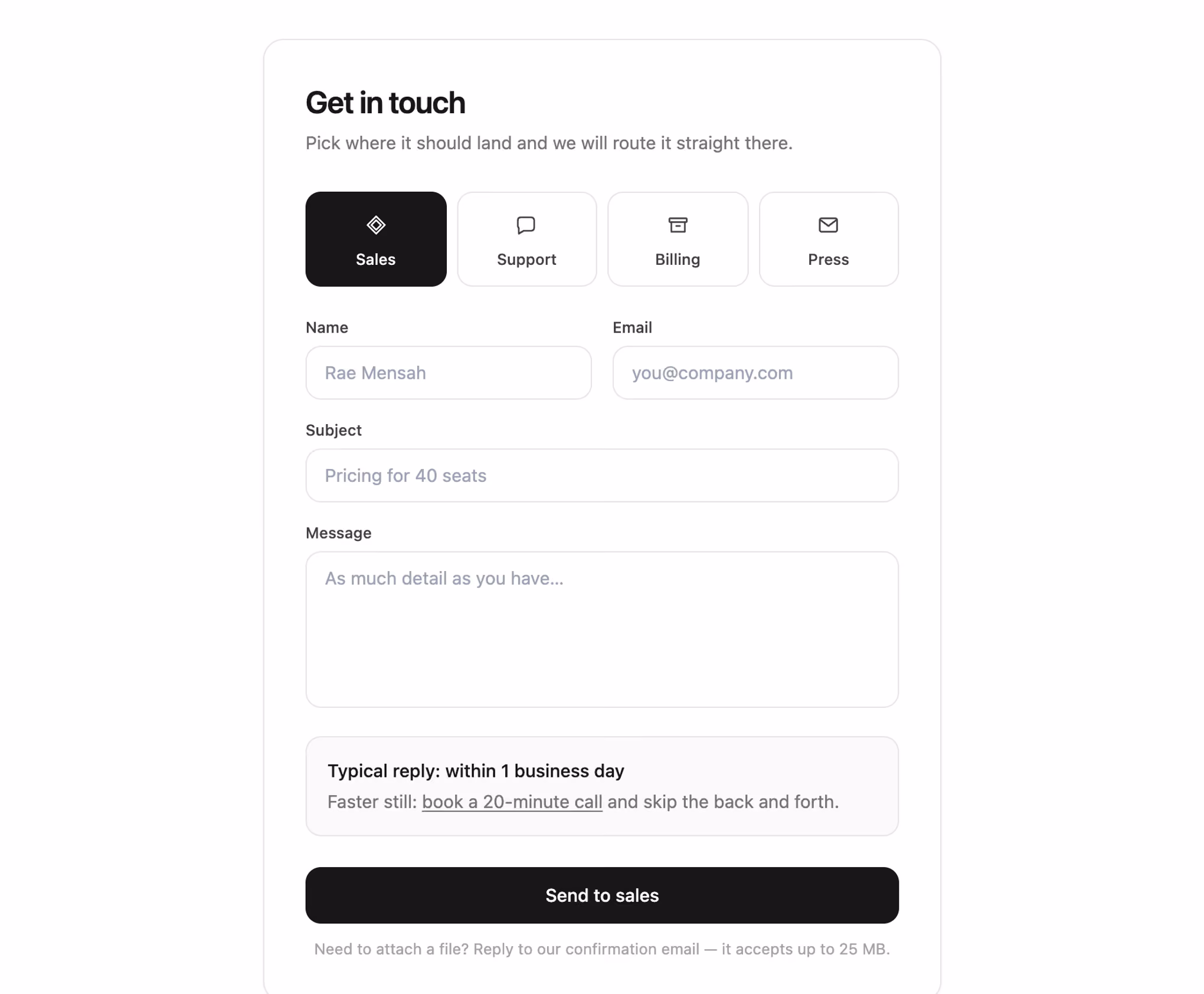Routed enquiry form — Tailwind CSS Contact layout preview