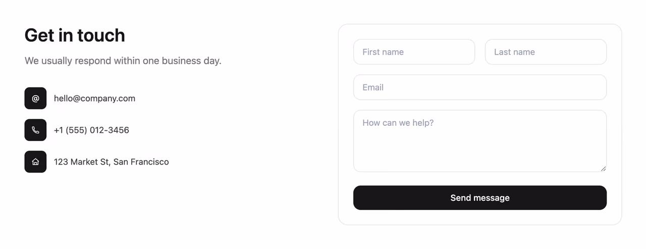 Split contact form — Tailwind CSS Contact layout preview