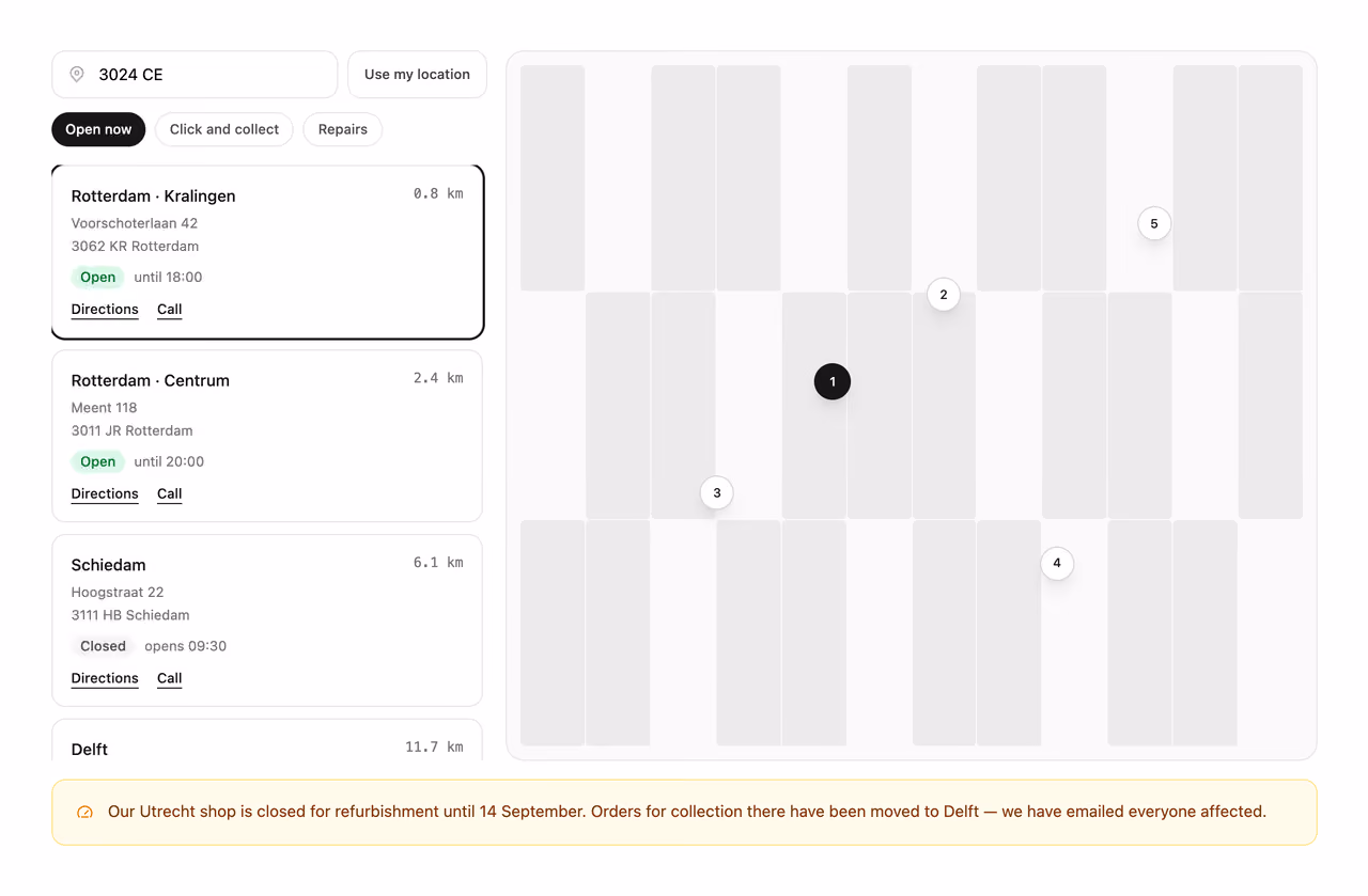 Store locator with results — Tailwind CSS Contact layout preview
