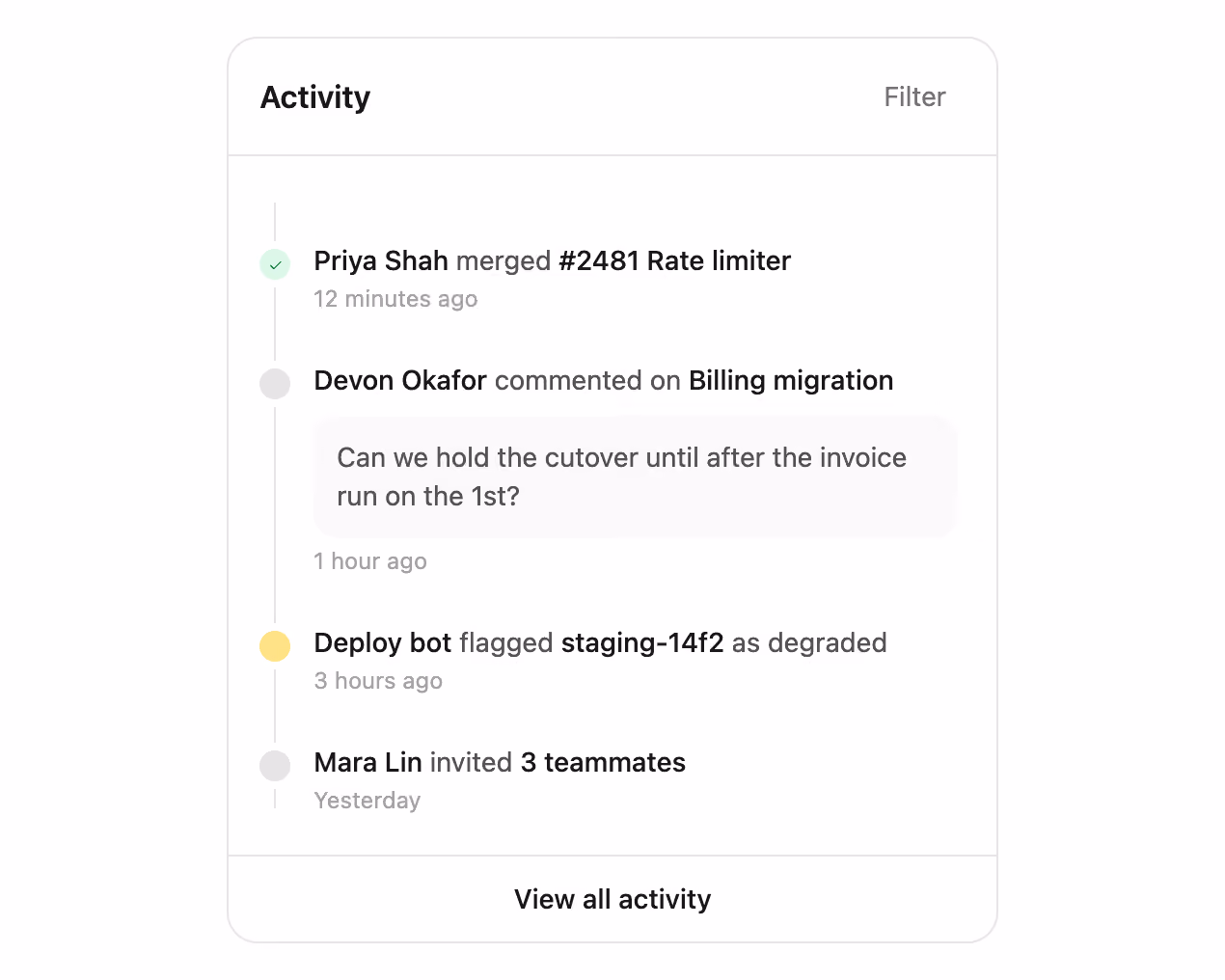 Activity feed panel — Tailwind CSS Dashboards layout preview
