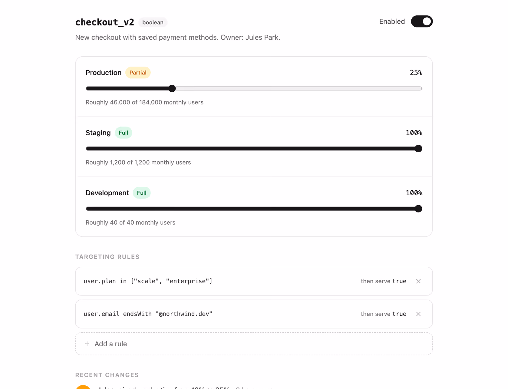 Feature flag rollout panel — Tailwind CSS Dashboards layout preview