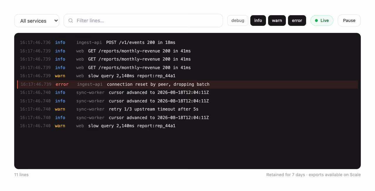 Log viewer with live tail — Tailwind CSS Dashboards layout preview