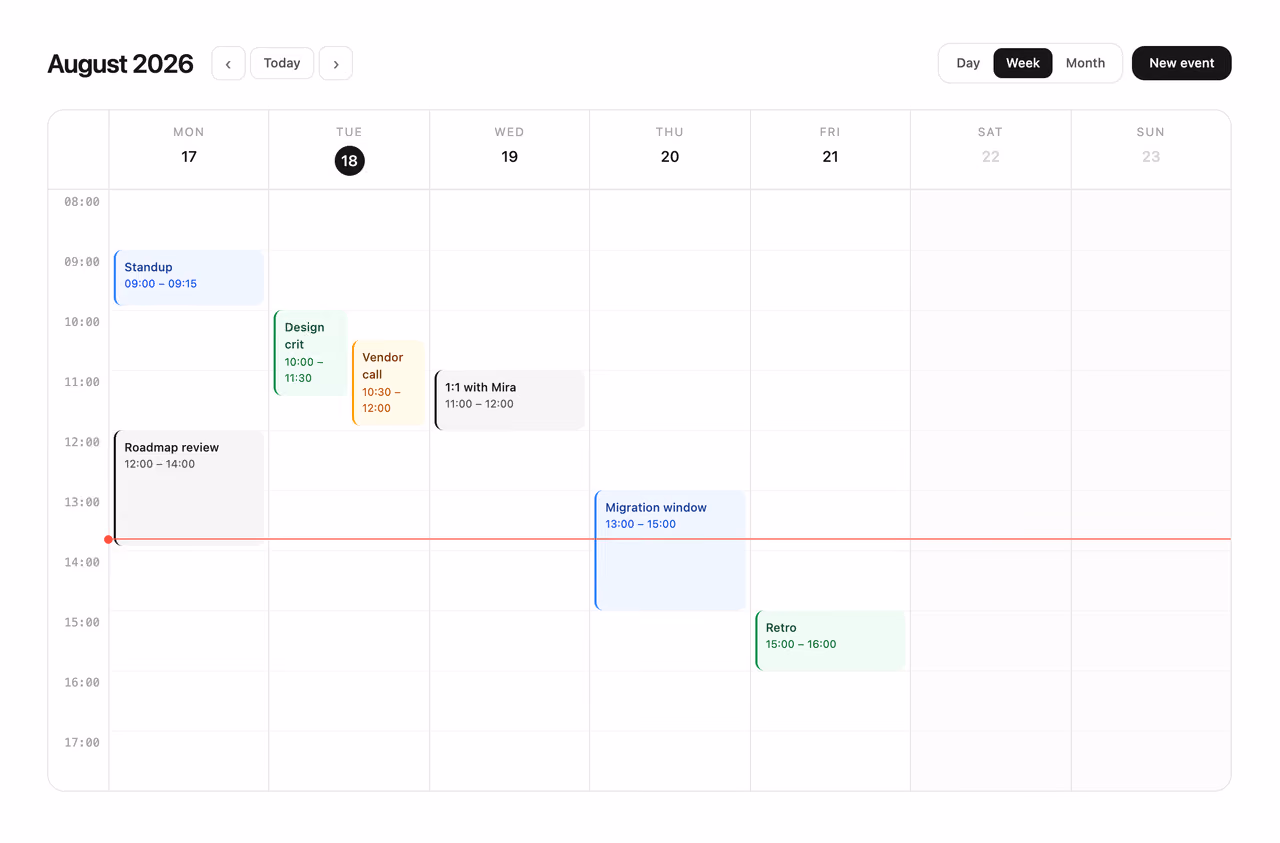 Week schedule grid — Tailwind CSS Dashboards layout preview