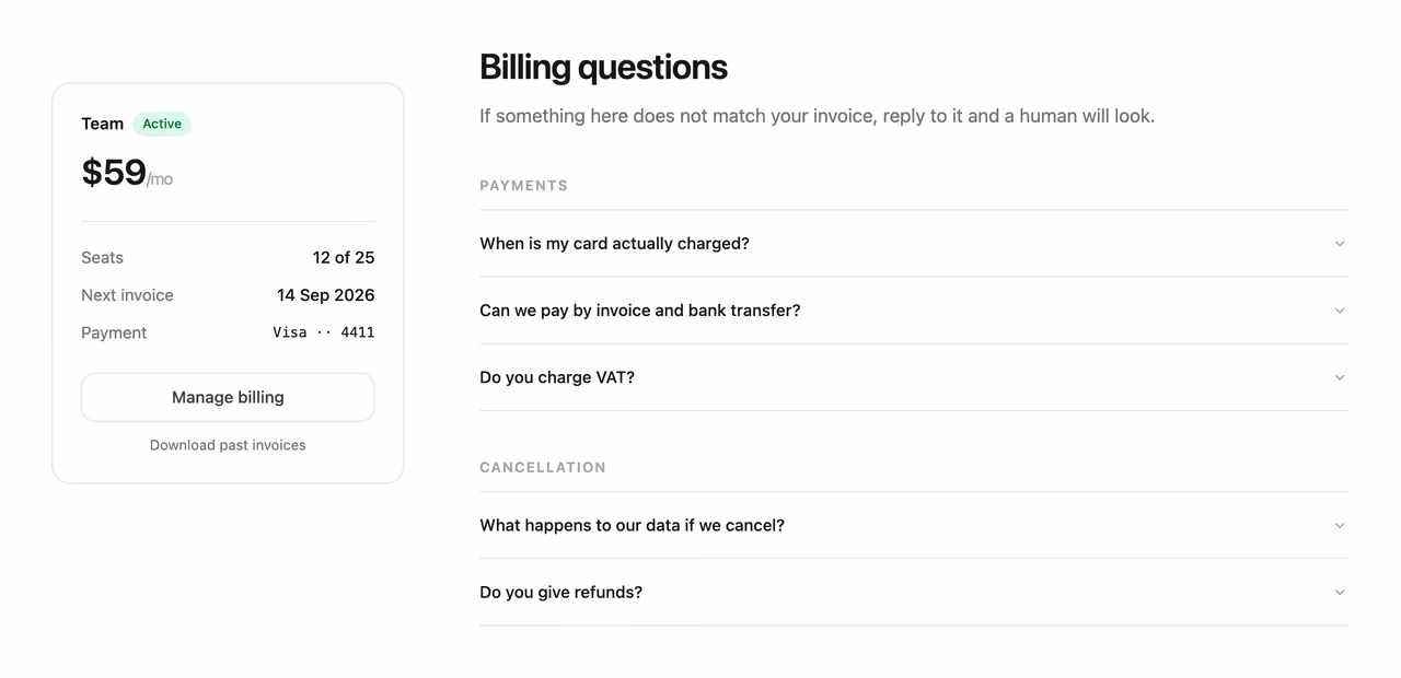 Billing FAQ with plan recap — Tailwind CSS FAQ layout preview