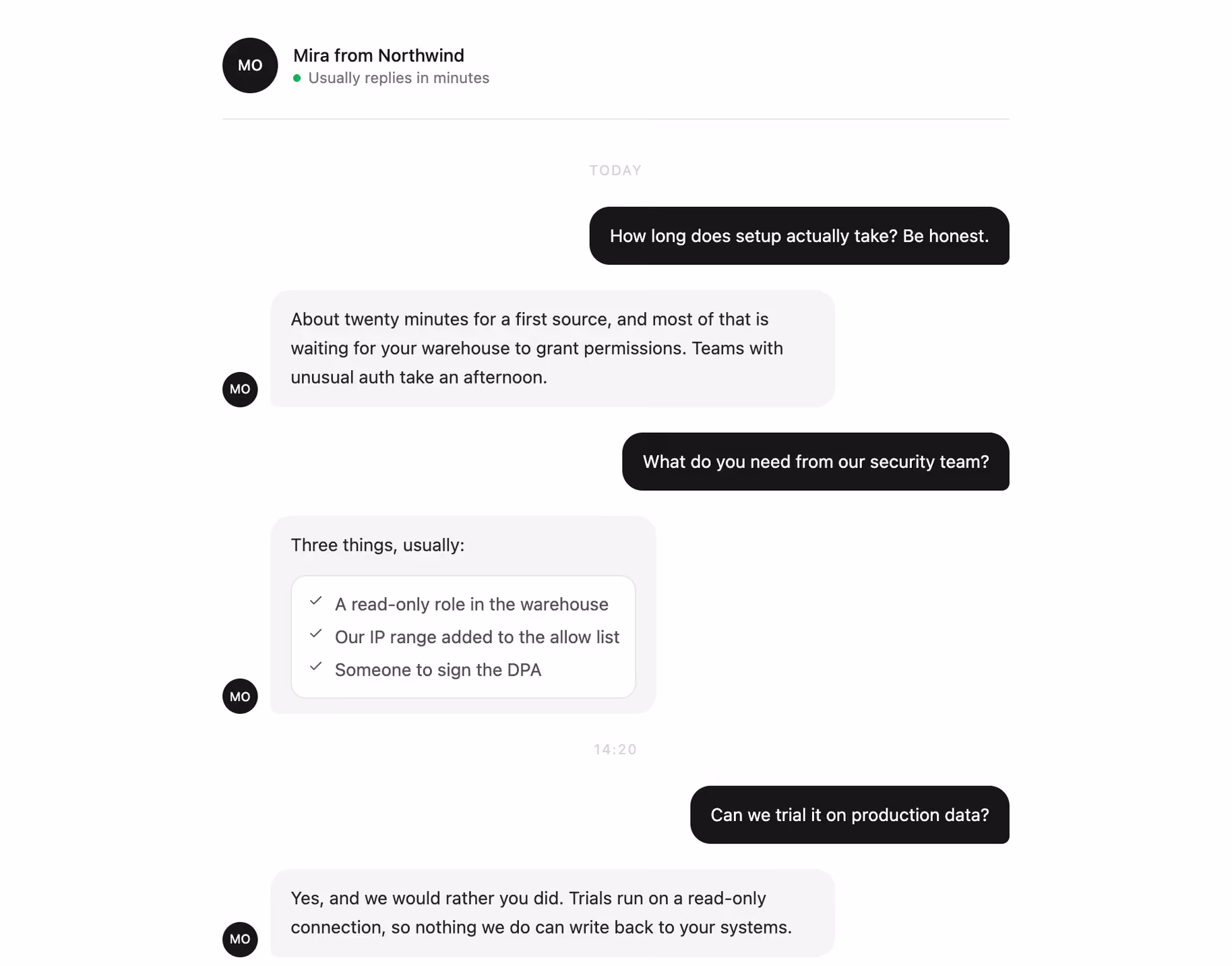 Conversational FAQ bubbles — Tailwind CSS FAQ layout preview