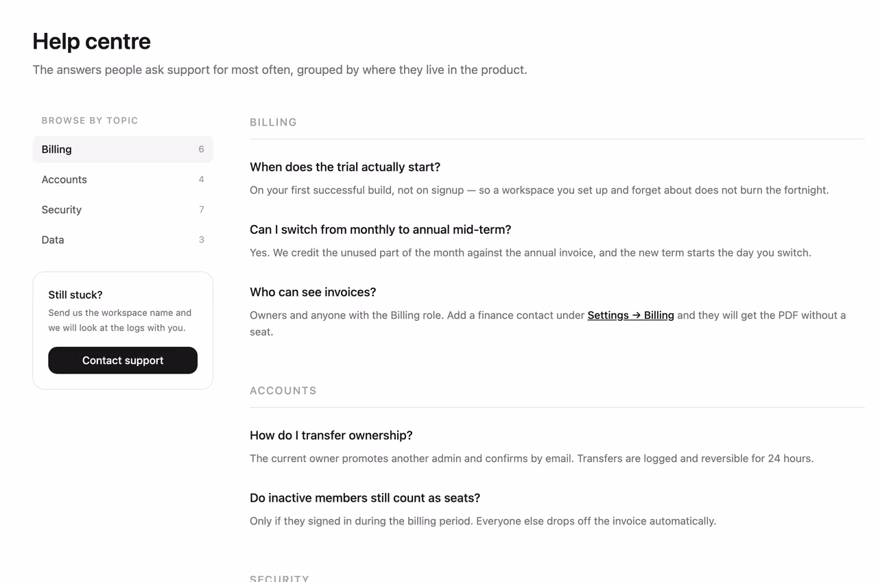 FAQ with category rail — Tailwind CSS FAQ layout preview
