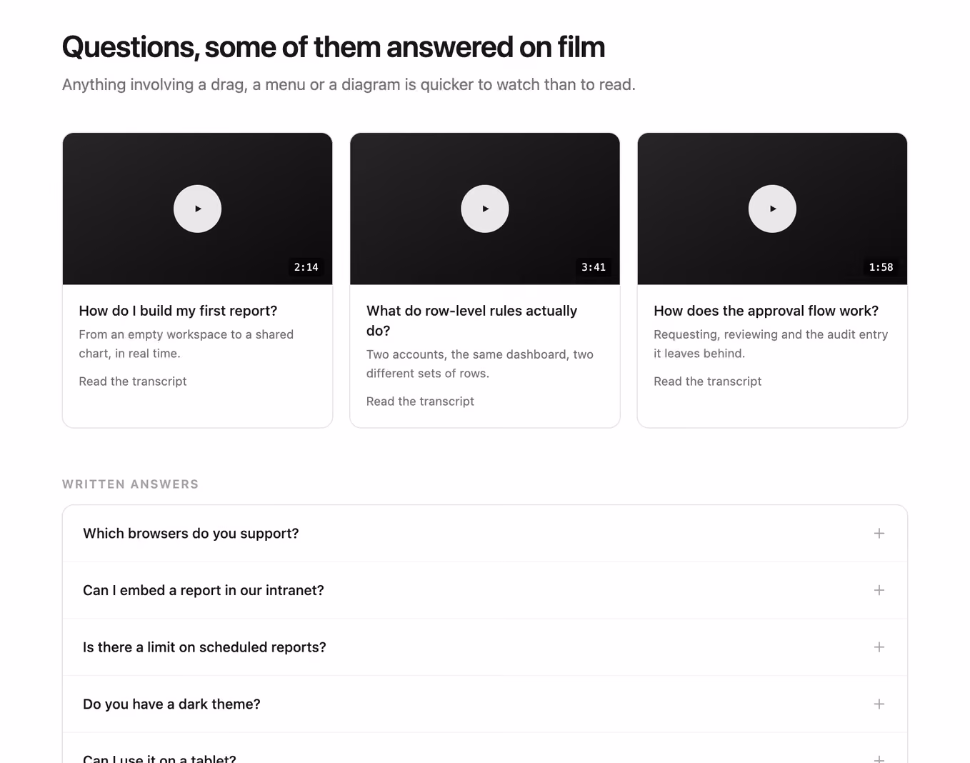 FAQ with demo video cards — Tailwind CSS FAQ layout preview