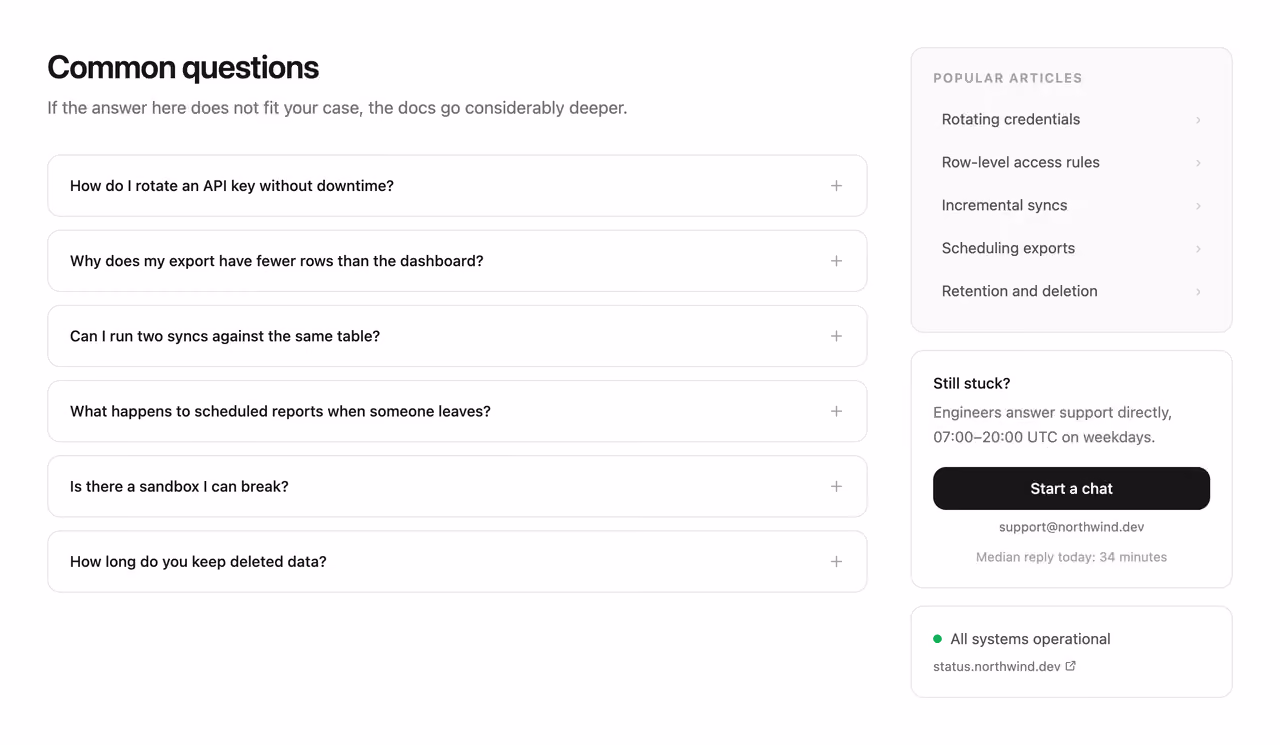 FAQ with related articles rail — Tailwind CSS FAQ layout preview