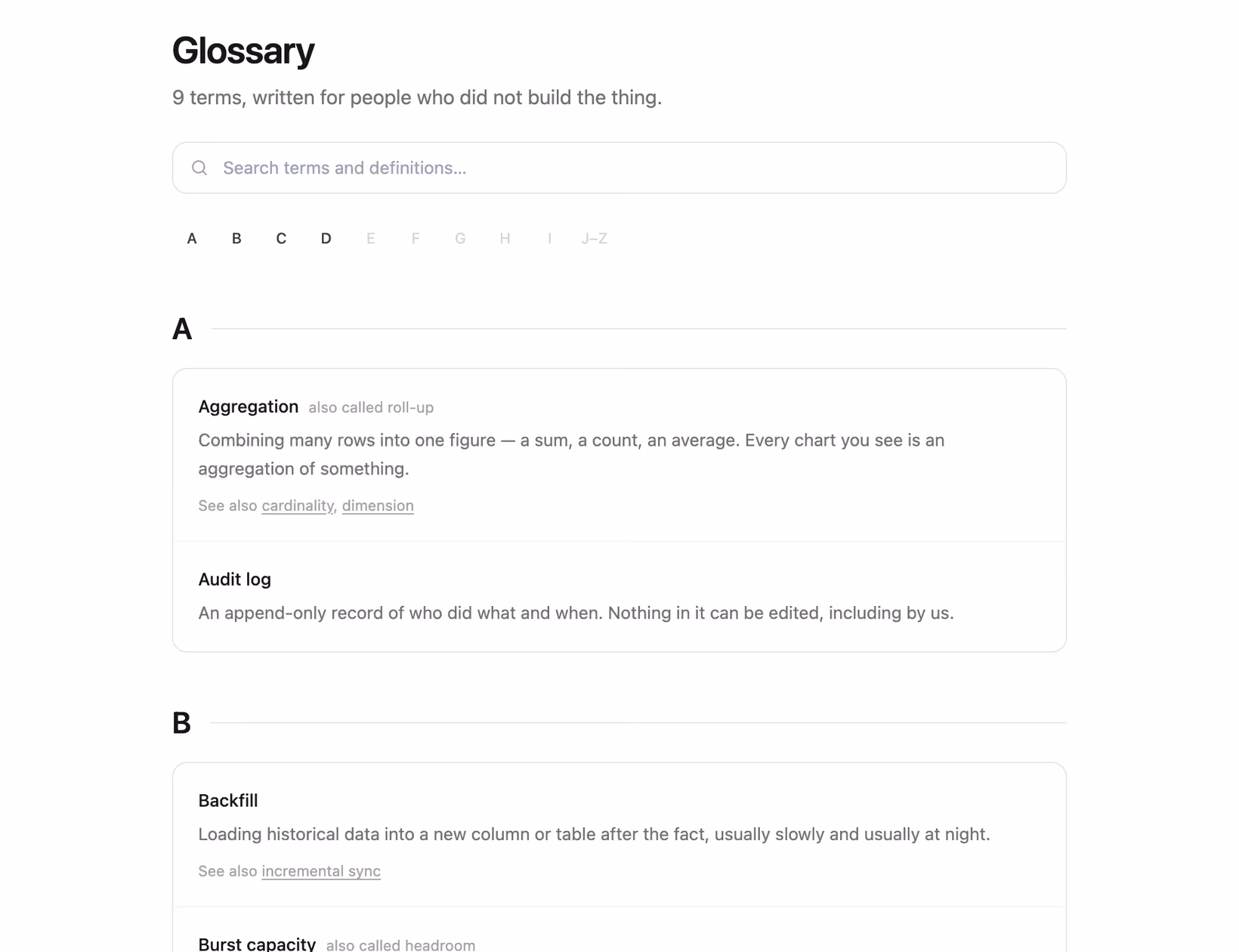 Glossary index A to Z — Tailwind CSS FAQ layout preview