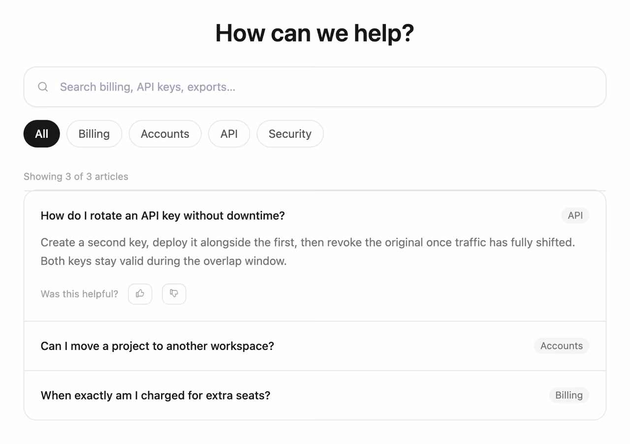 Searchable FAQ with filters — Tailwind CSS FAQ layout preview