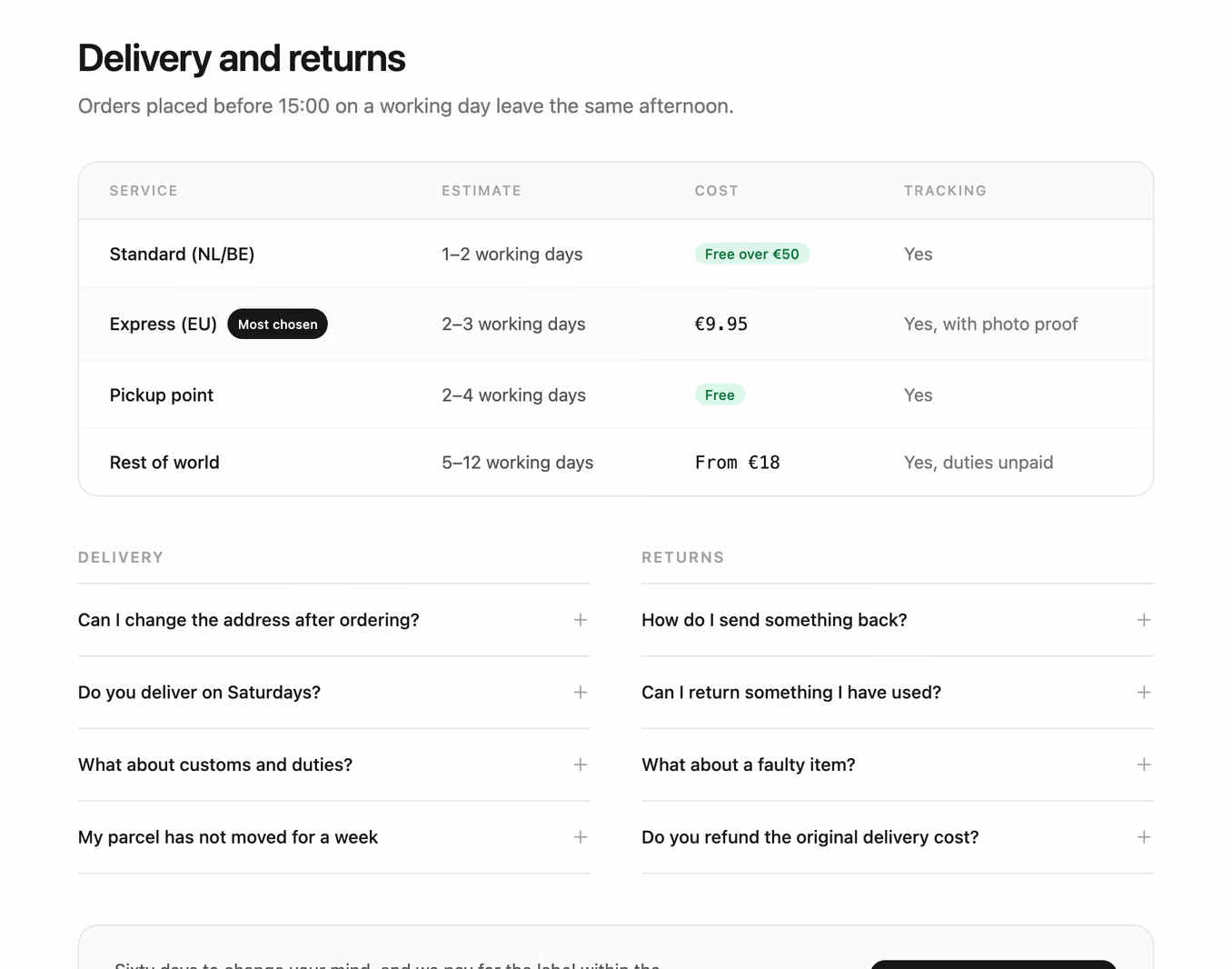 Shipping and returns FAQ — Tailwind CSS FAQ layout preview