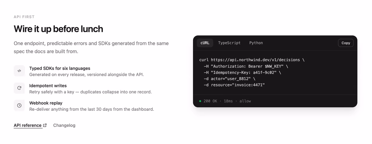 API block with language tabs — Tailwind CSS Features / Bento layout preview