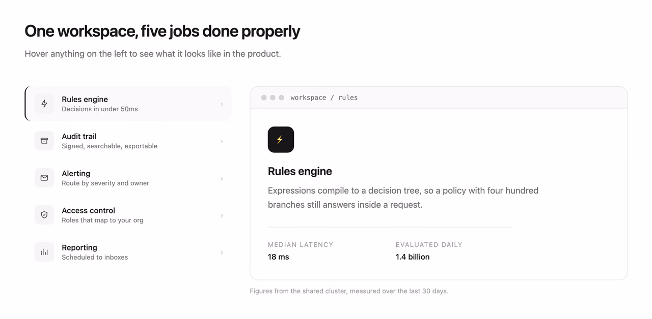 Hover-to-preview feature list — Tailwind CSS Features / Bento layout preview