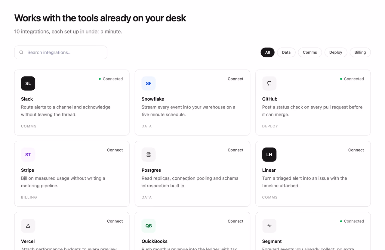 Integrations directory with filter — Tailwind CSS Features / Bento layout preview