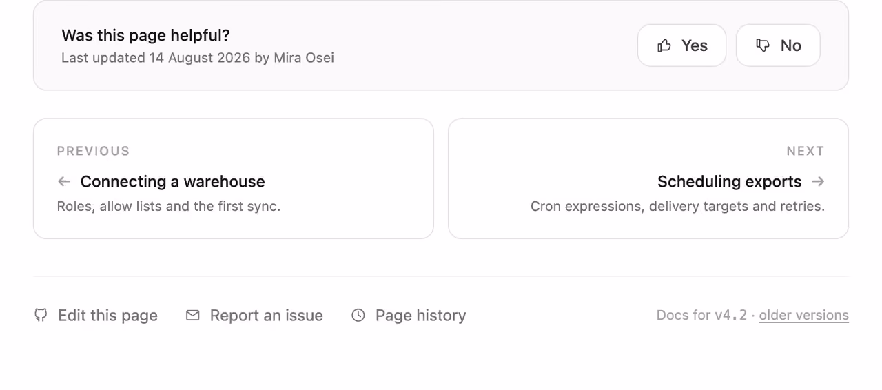 Docs footer with prev and next — Tailwind CSS Footer layout preview