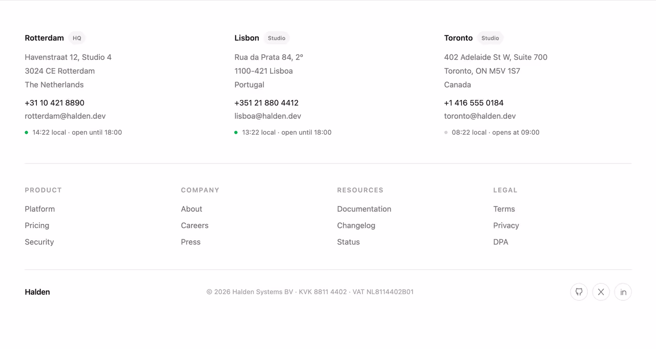 Footer with office locations — Tailwind CSS Footer layout preview
