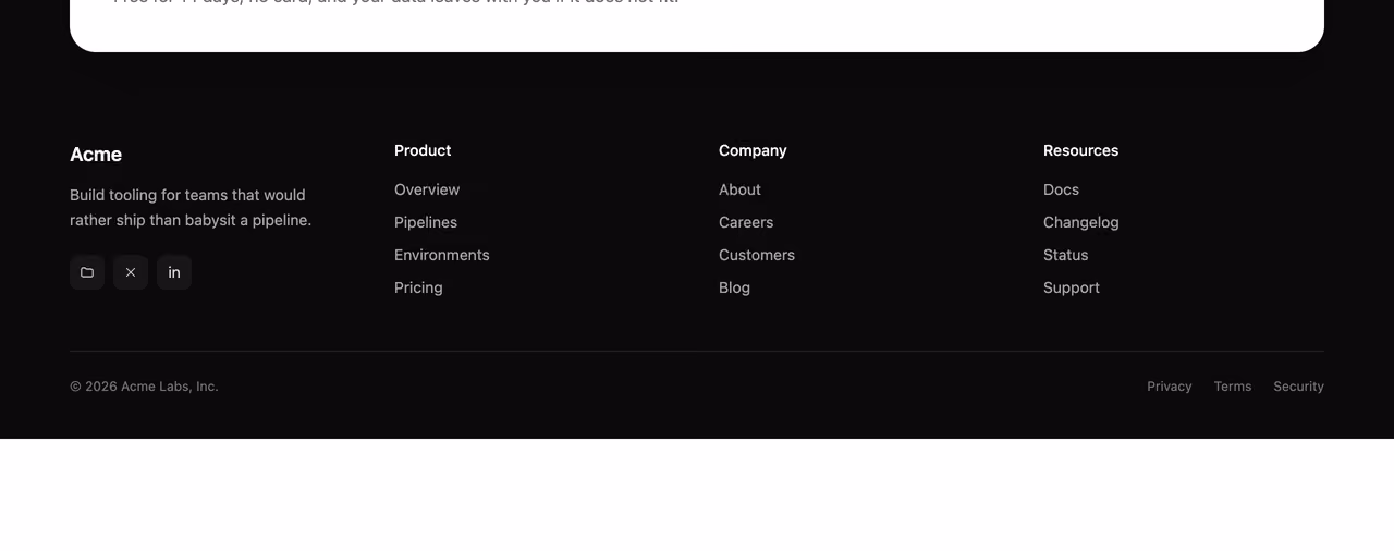 Footer with overlapping CTA card — Tailwind CSS Footer layout preview