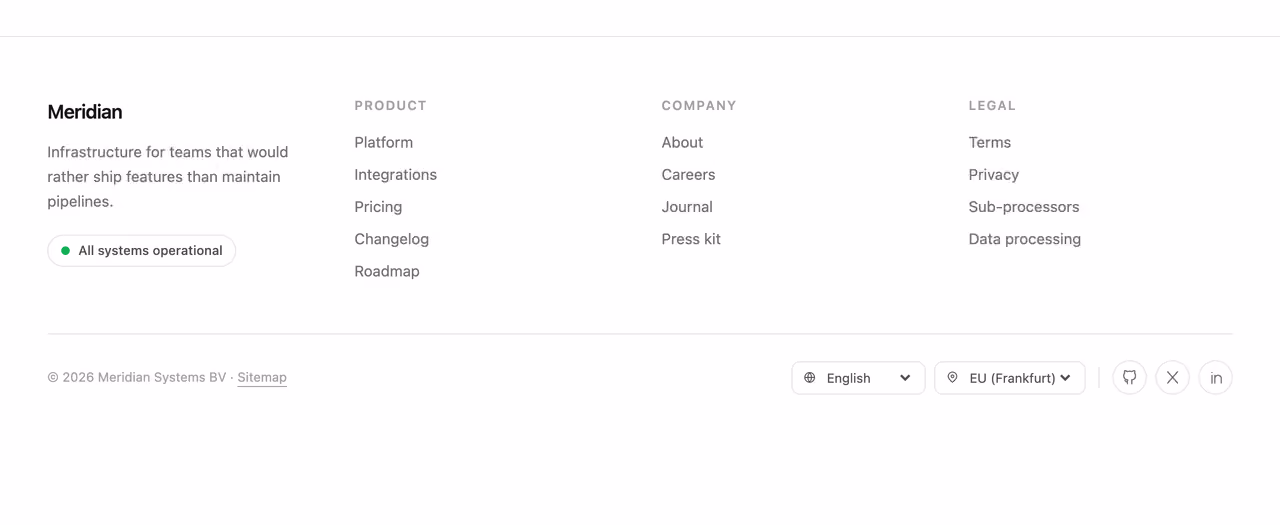 Footer with status and region — Tailwind CSS Footer layout preview