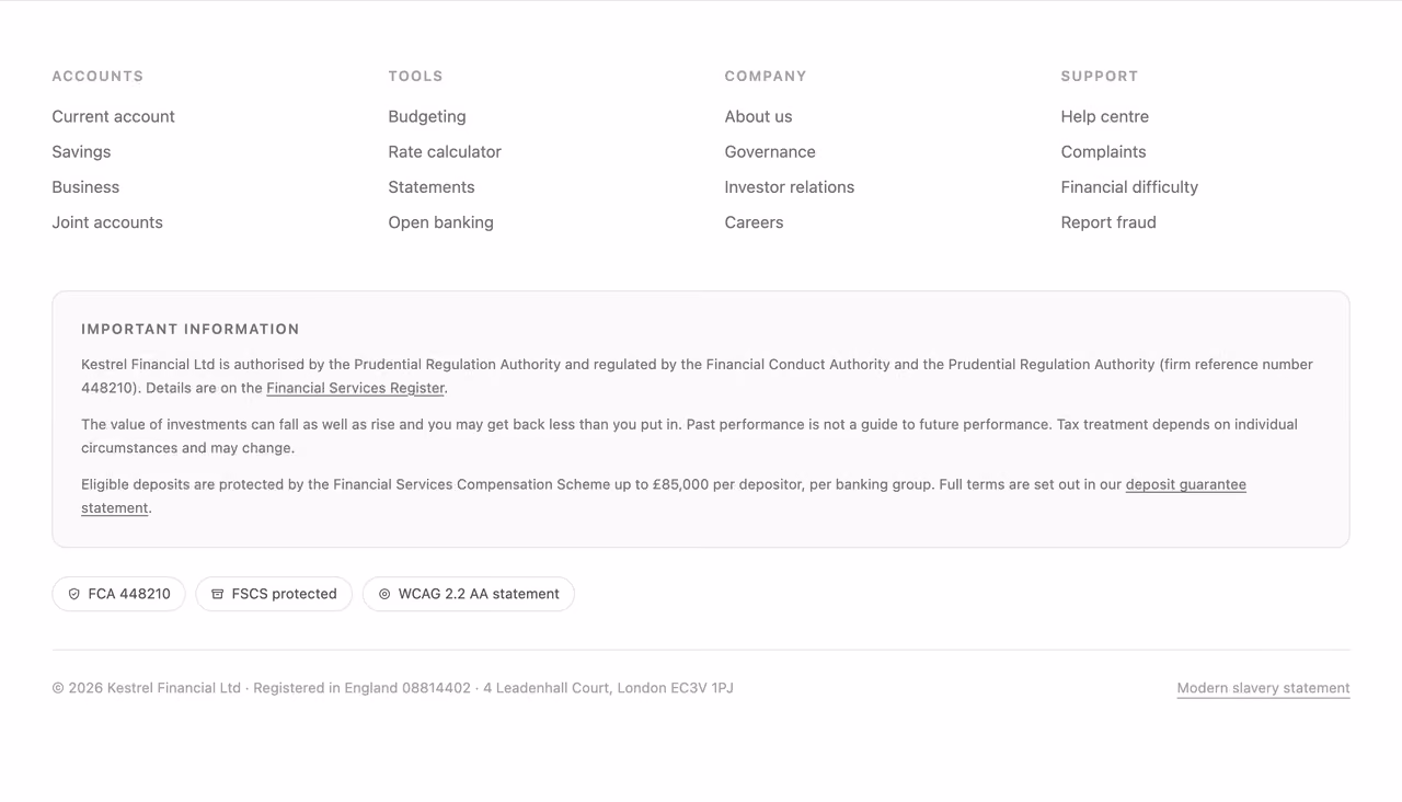 Regulated disclosure footer — Tailwind CSS Footer layout preview
