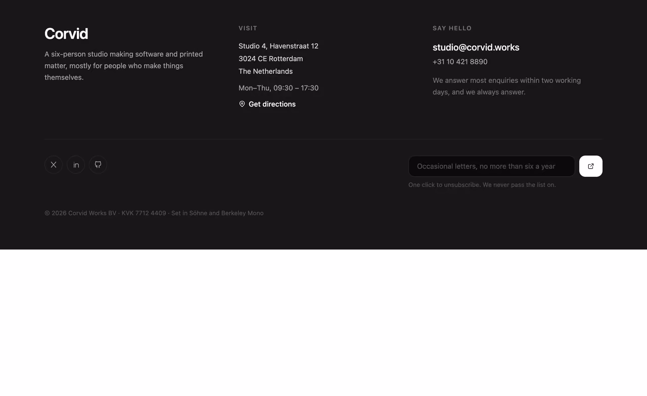 Studio contact footer — Tailwind CSS Footer layout preview