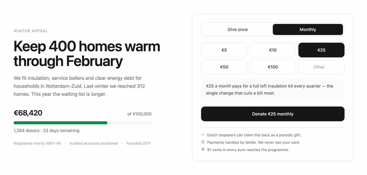 Donation hero with amount chips — Tailwind CSS Hero Sections layout preview