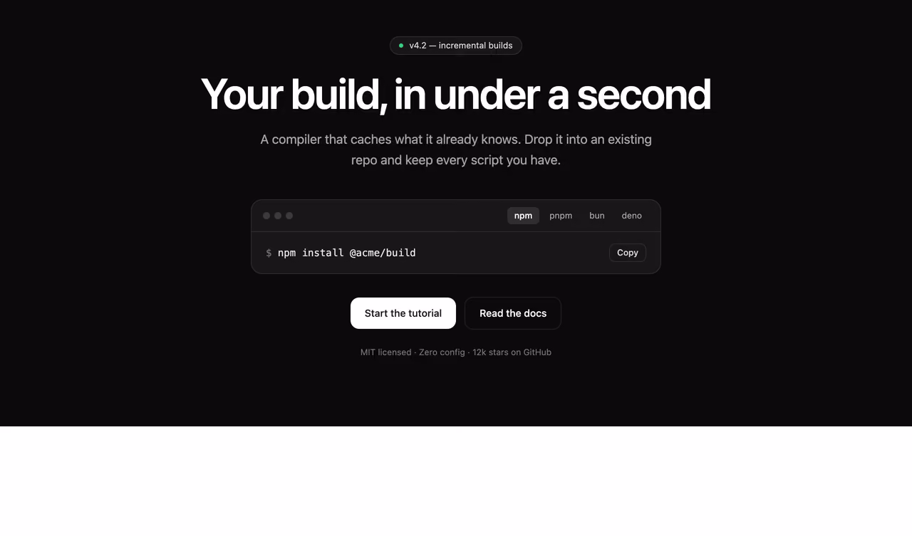 Install command hero — Tailwind CSS Hero Sections layout preview