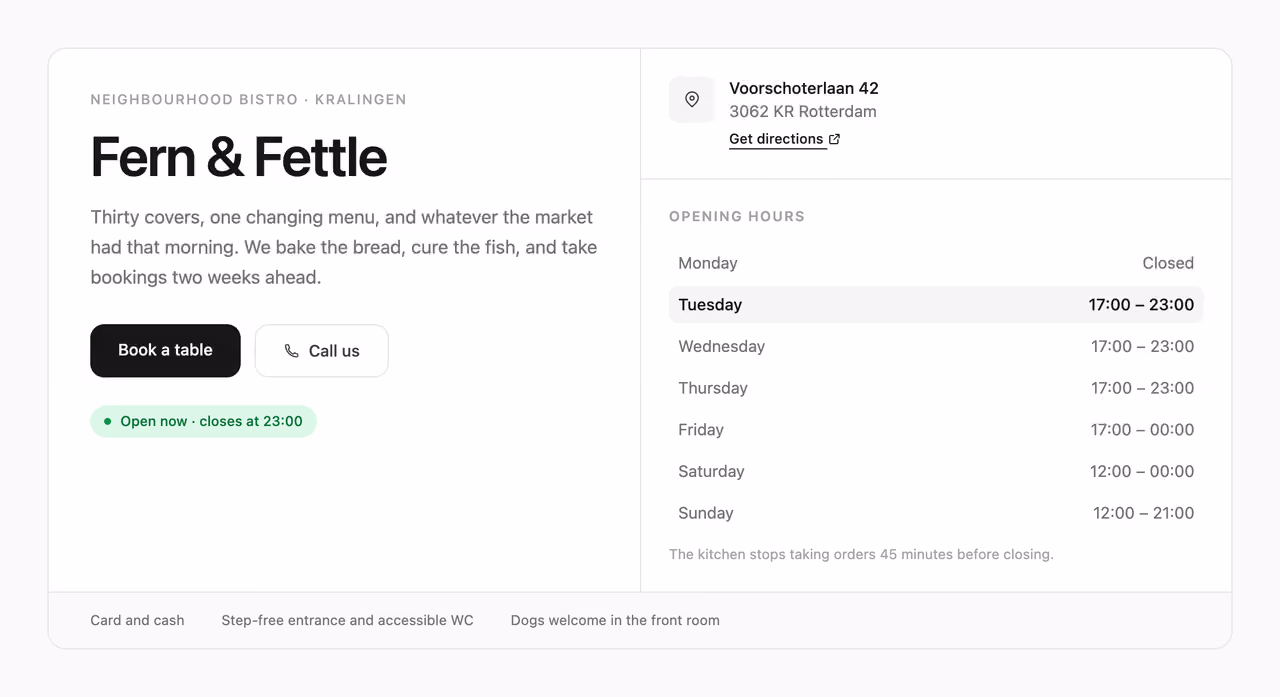 Local business hero with hours — Tailwind CSS Hero Sections layout preview